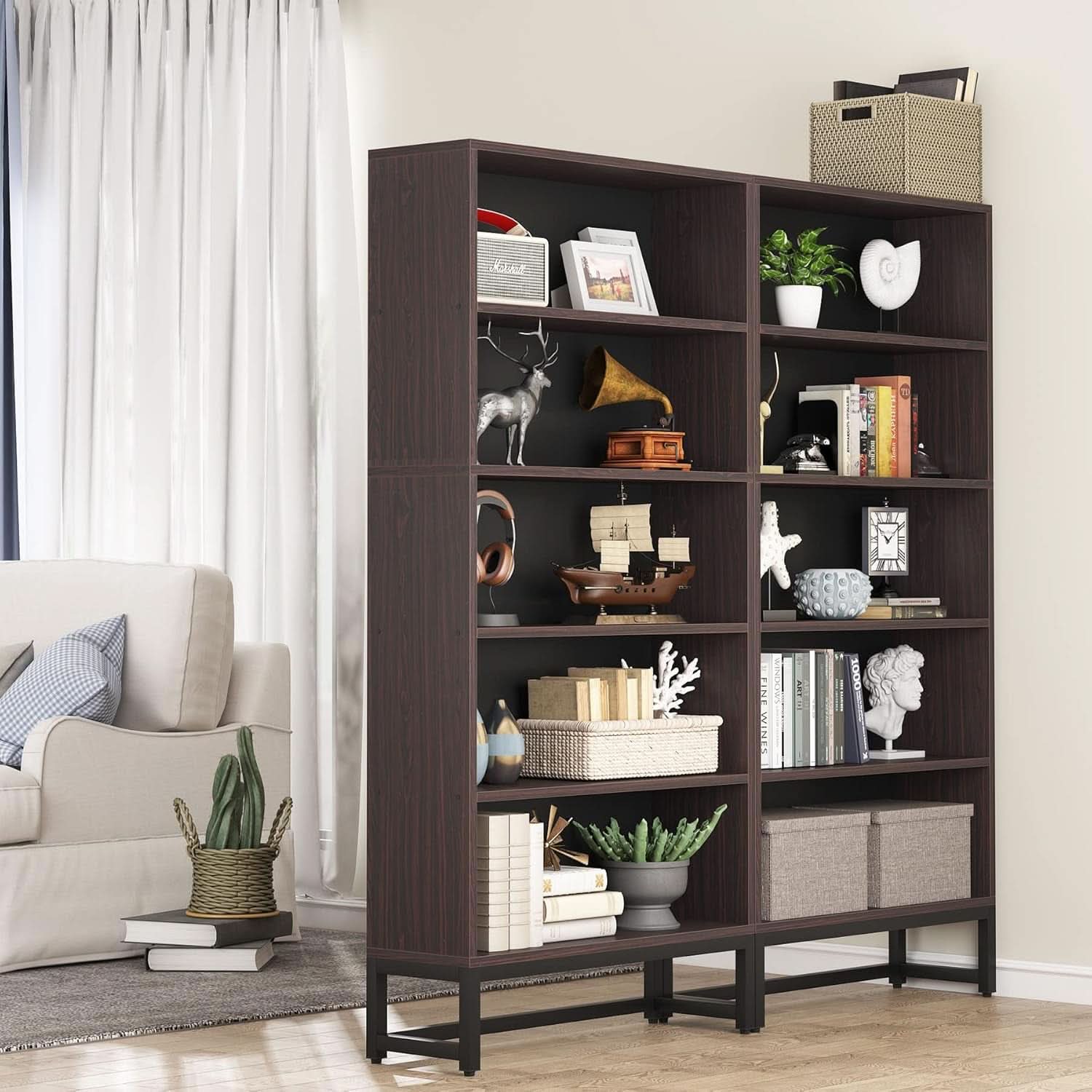 Tall Bookcase And Bookshelf 70.8 Inch Sandalwood Shelving