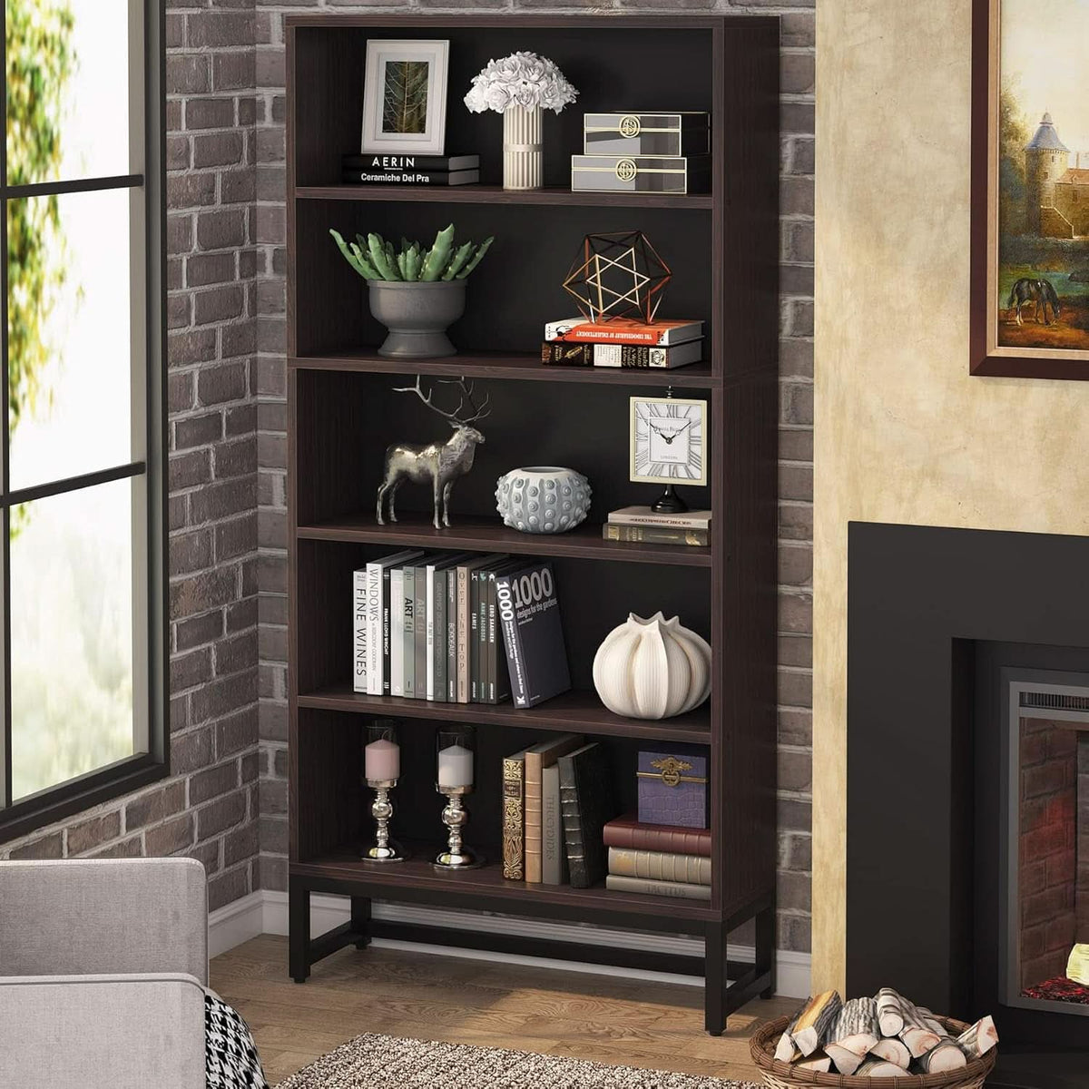 Tall Bookcase And Bookshelf 70.8 Inch Sandalwood Shelving