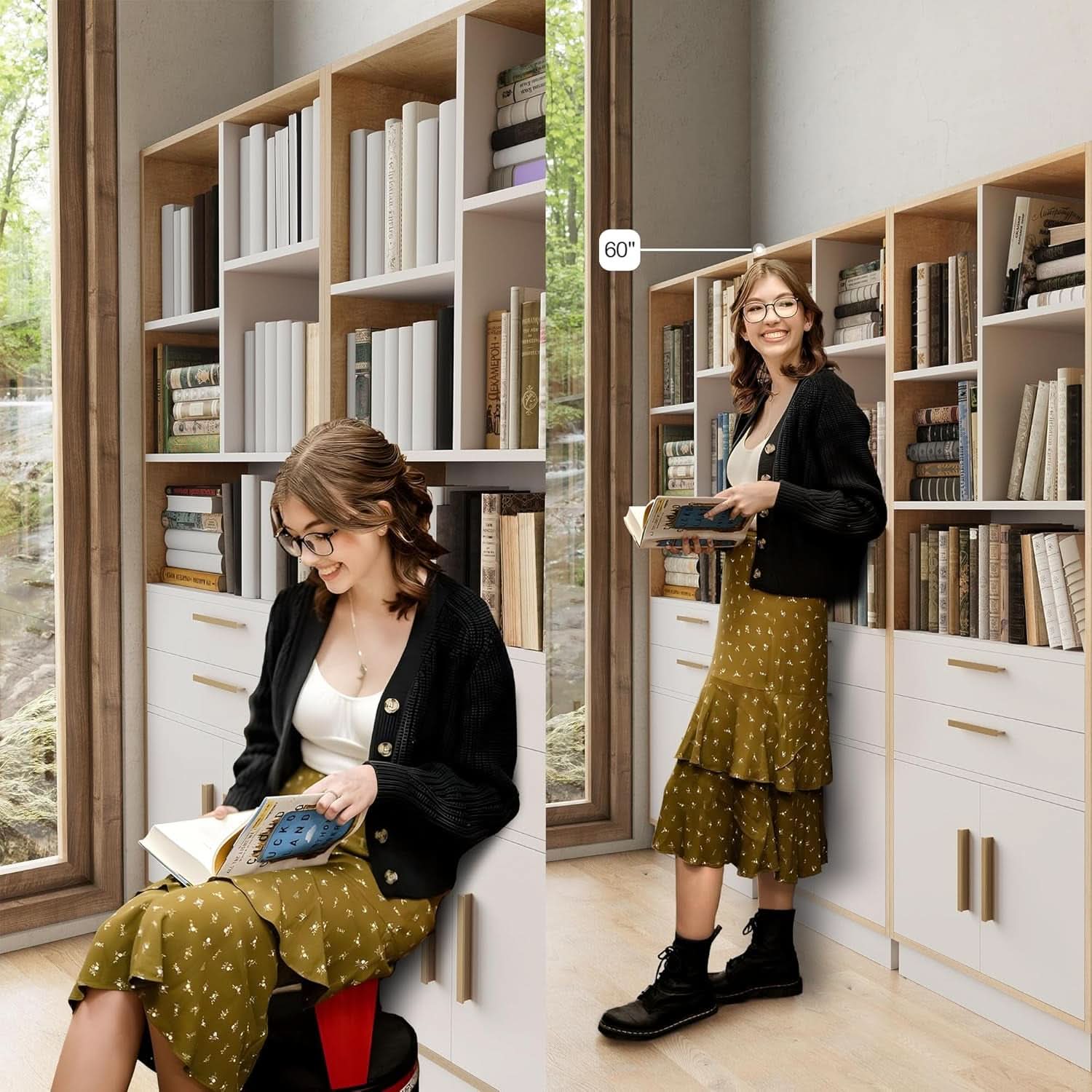 Tall Bookcase With Drawers And Doors Light Walnut Finish