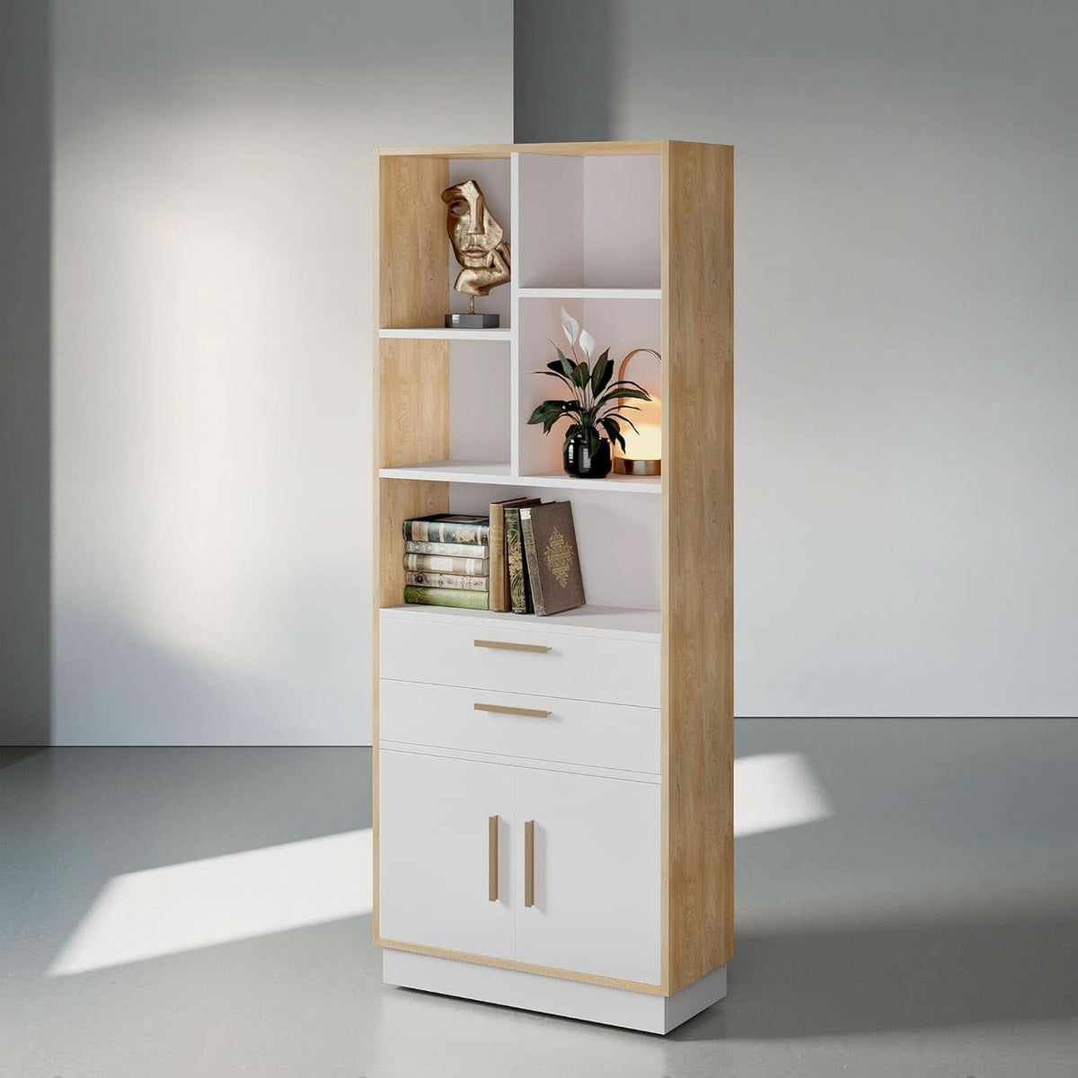 Tall Bookcase With Drawers And Doors Light Walnut Finish