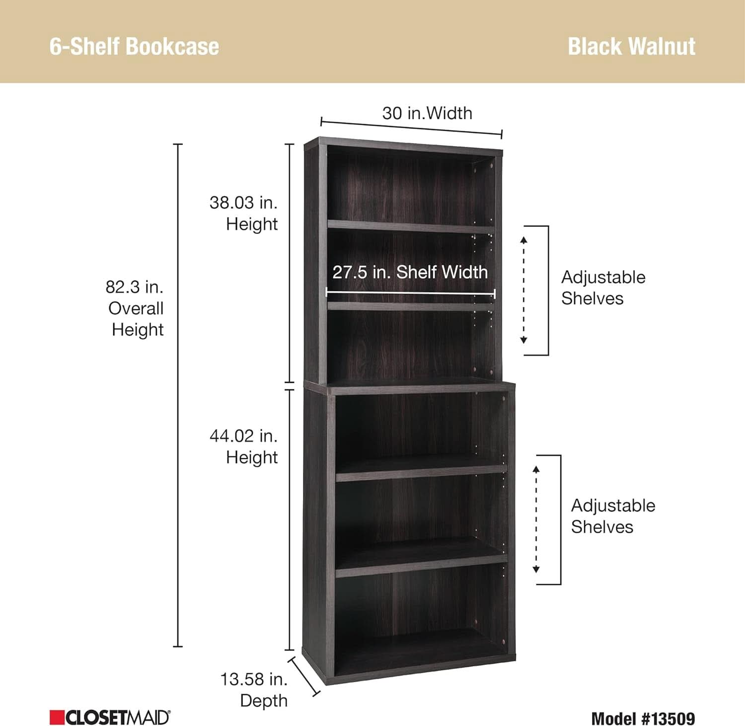 Tall Bookshelf Black Walnut Finish With Adjustable Shelves