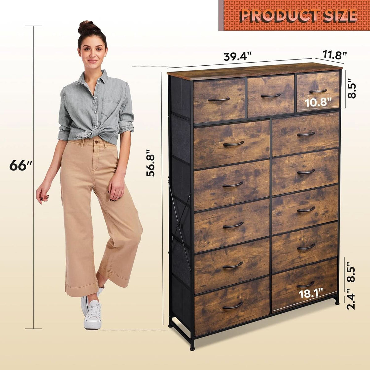 Tall Dresser For Bedroom With 13 Drawers Steel Frame Wood Top Rustic Brown