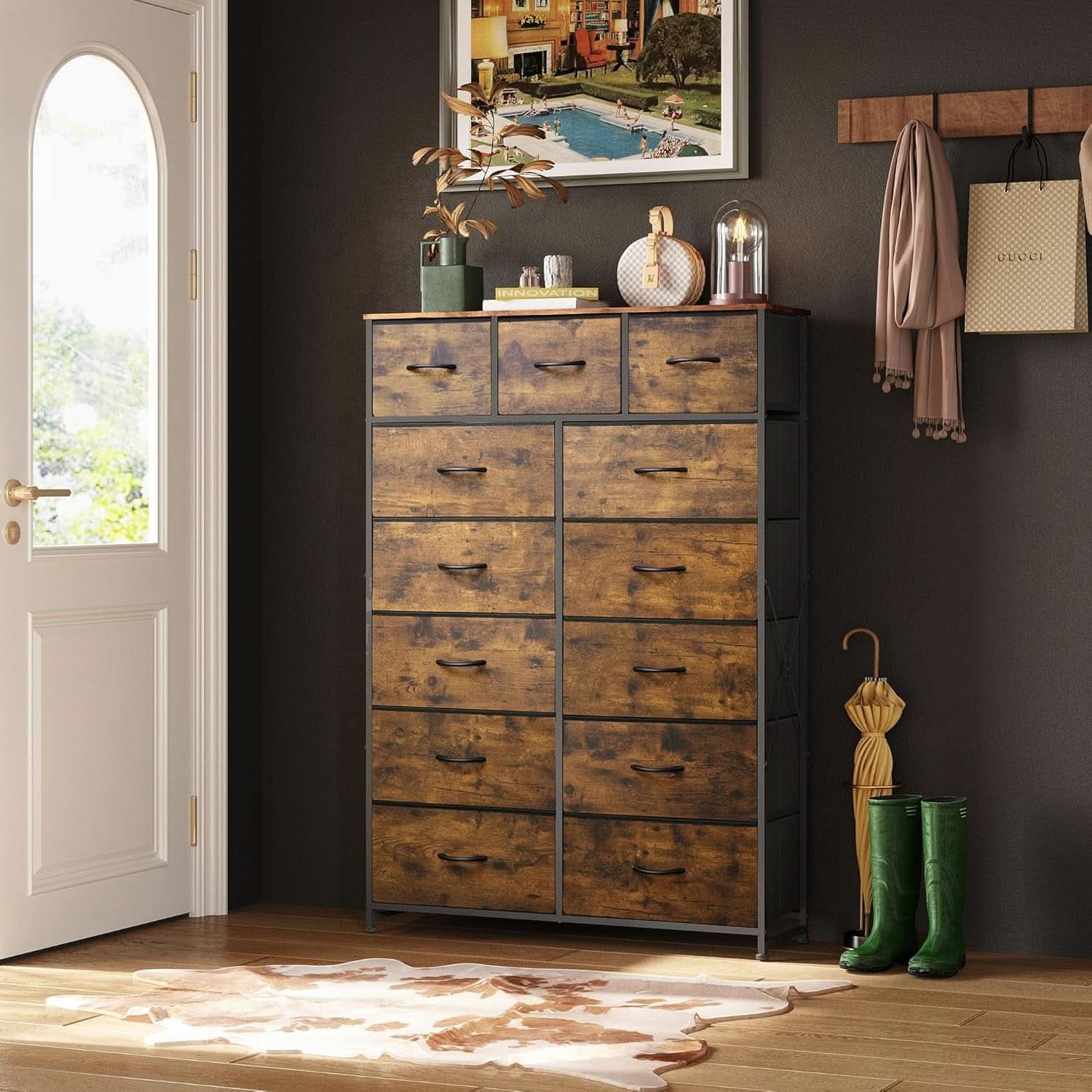Tall Dresser For Bedroom With 13 Drawers Steel Frame Wood Top Rustic Brown