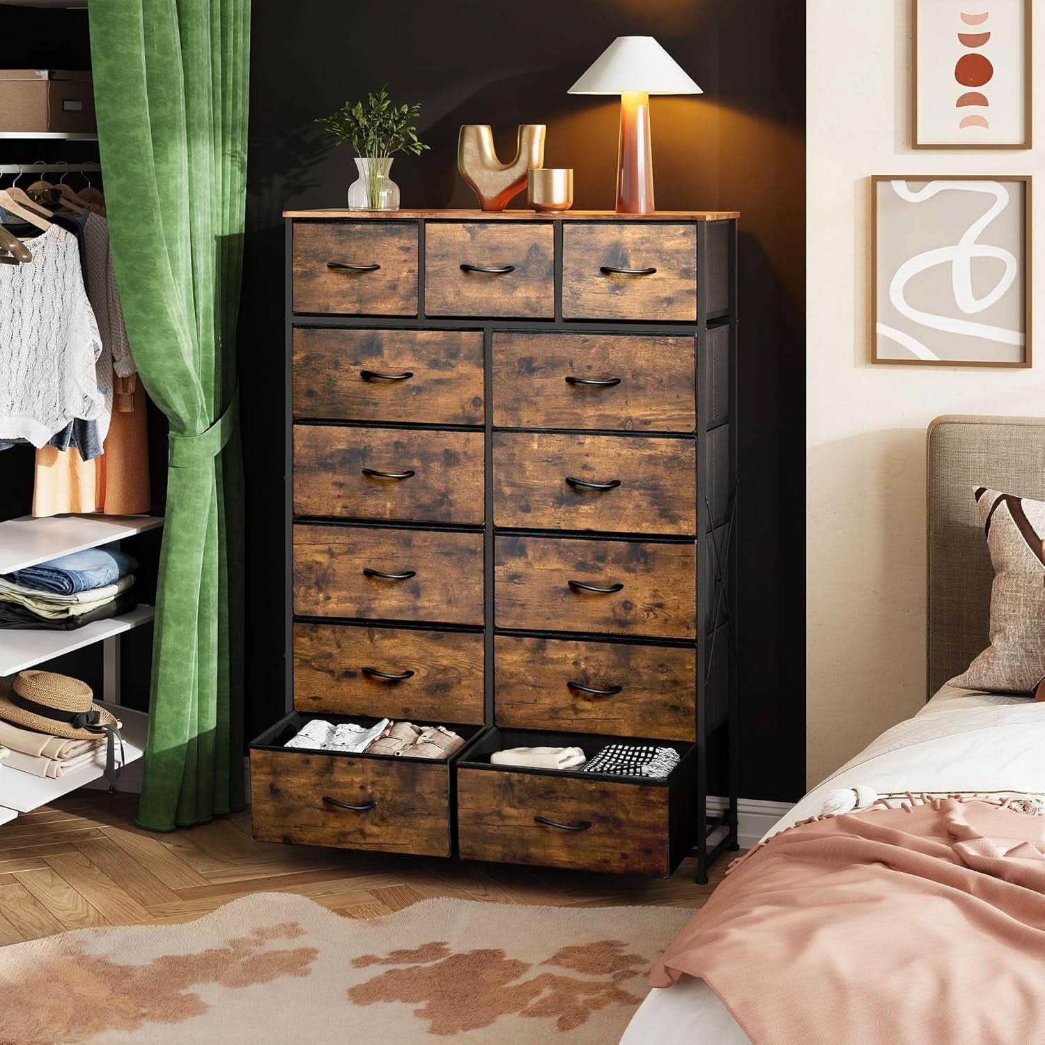Tall Dresser For Bedroom With 13 Drawers Steel Frame Wood Top Rustic Brown