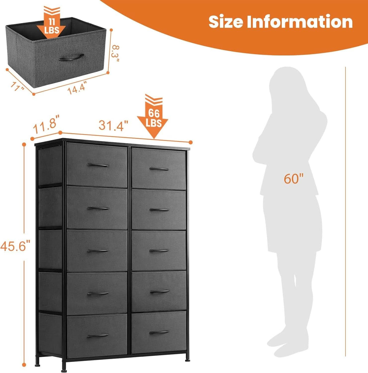 Tall Dresser With 10 Drawers And Wood Top For Bedroom