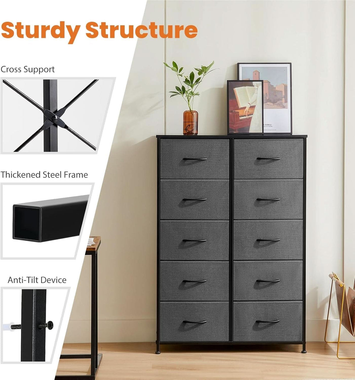 Tall Dresser With 10 Drawers And Wood Top For Bedroom