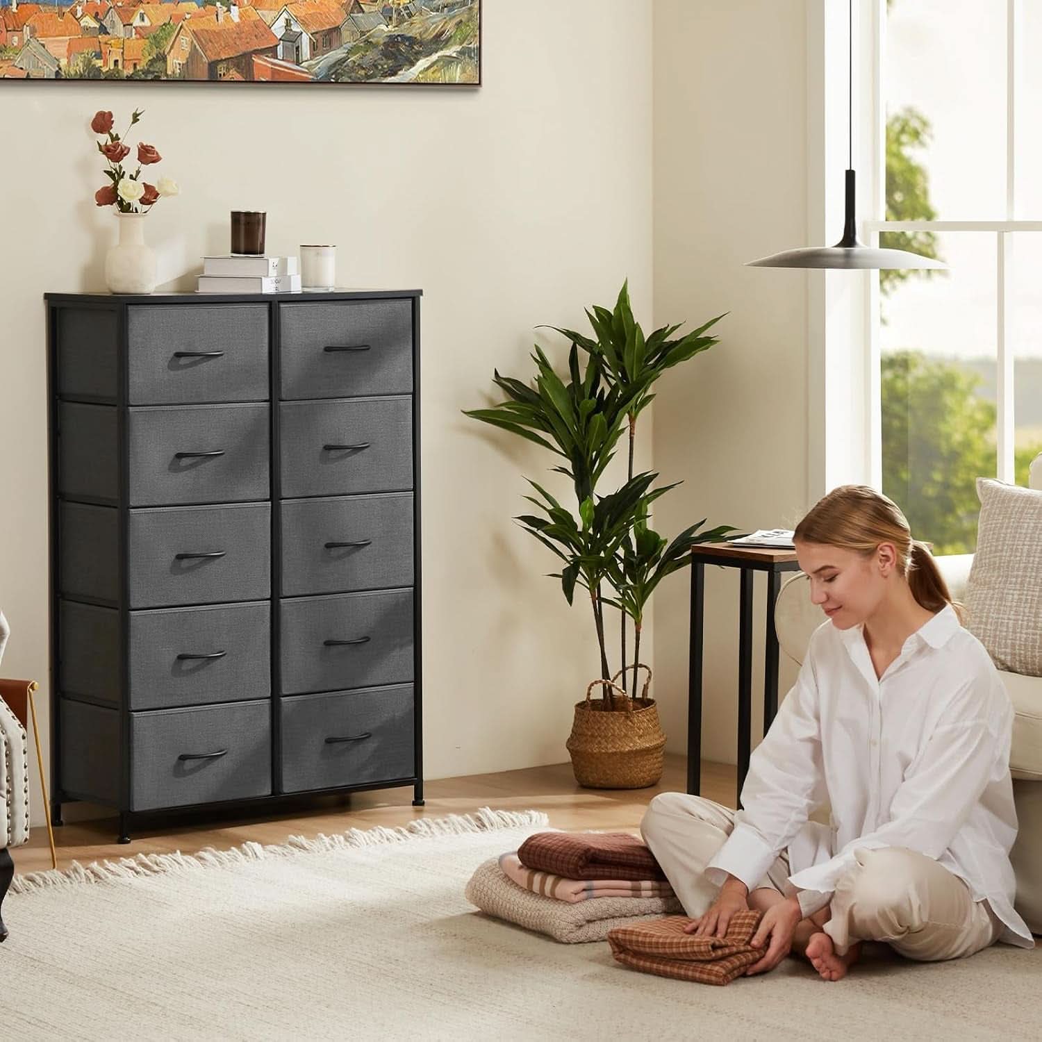 Tall Dresser With 10 Drawers And Wood Top For Bedroom