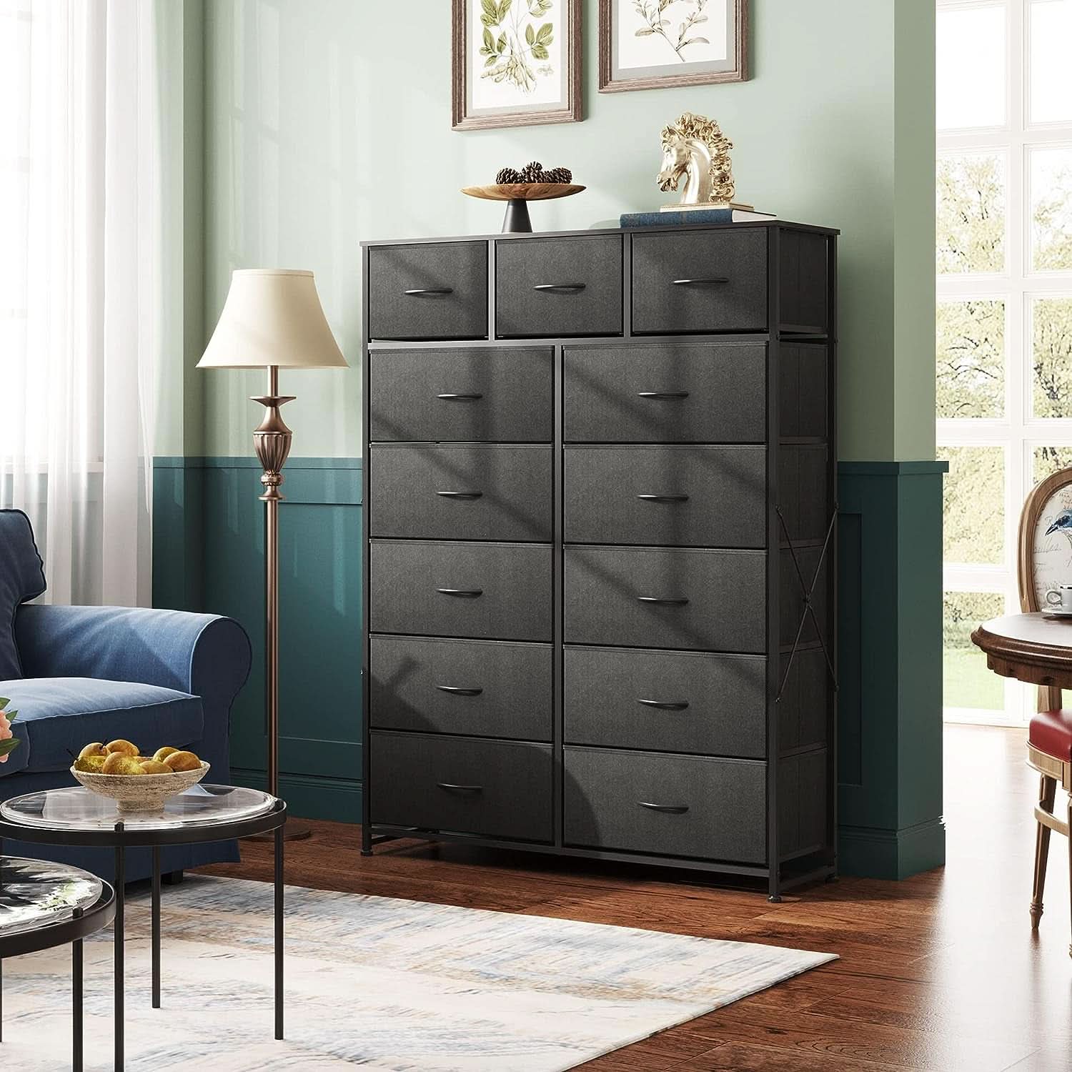 Tall Dresser With 13 Drawers Charcoal Black Fabric Bins