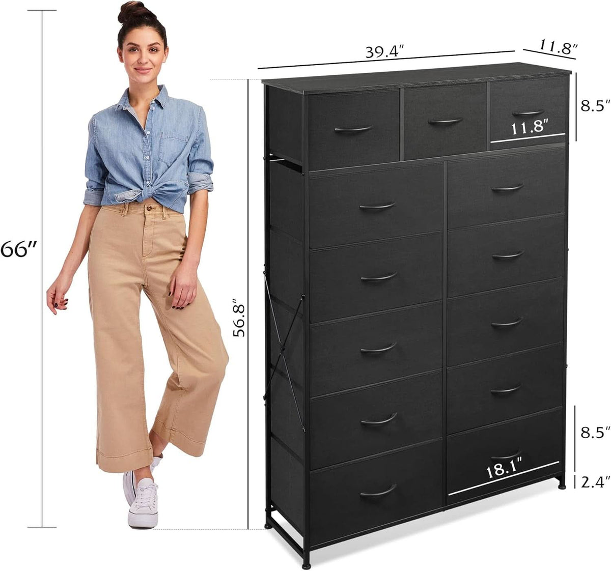 Tall Dresser With 13 Drawers Charcoal Black Fabric Bins