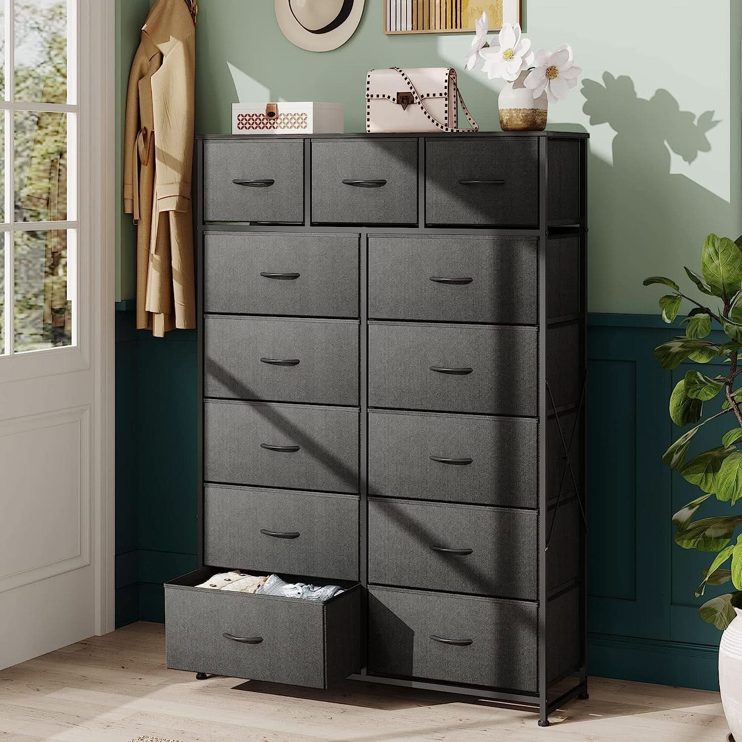 Tall Dresser With 13 Drawers Charcoal Black Fabric Bins