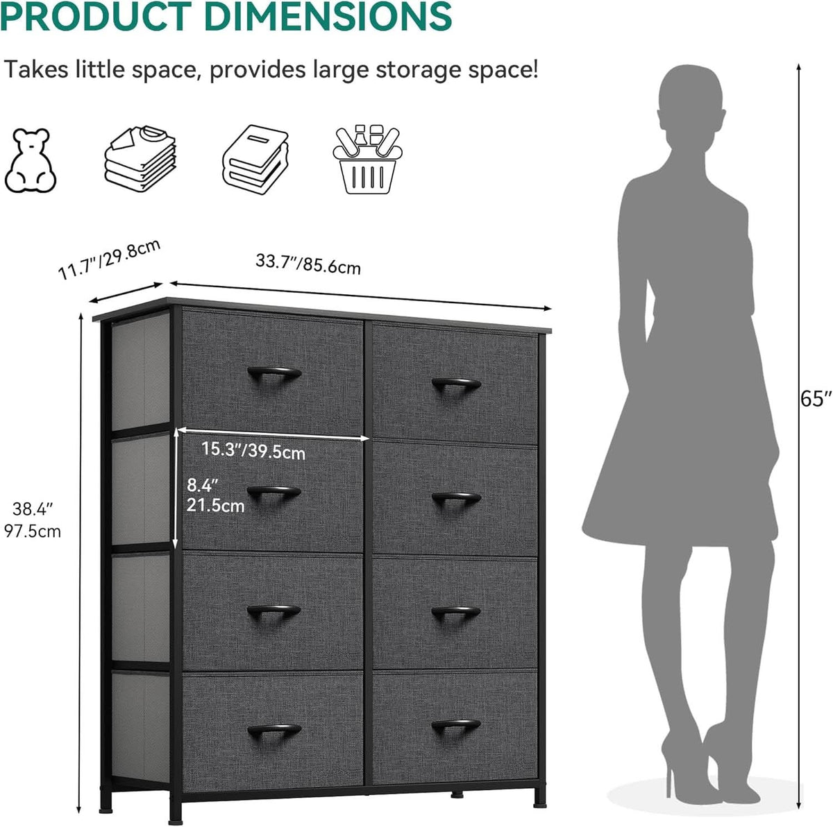 Tall Dresser With 8 Drawers And Fabric Bins For Bedroom