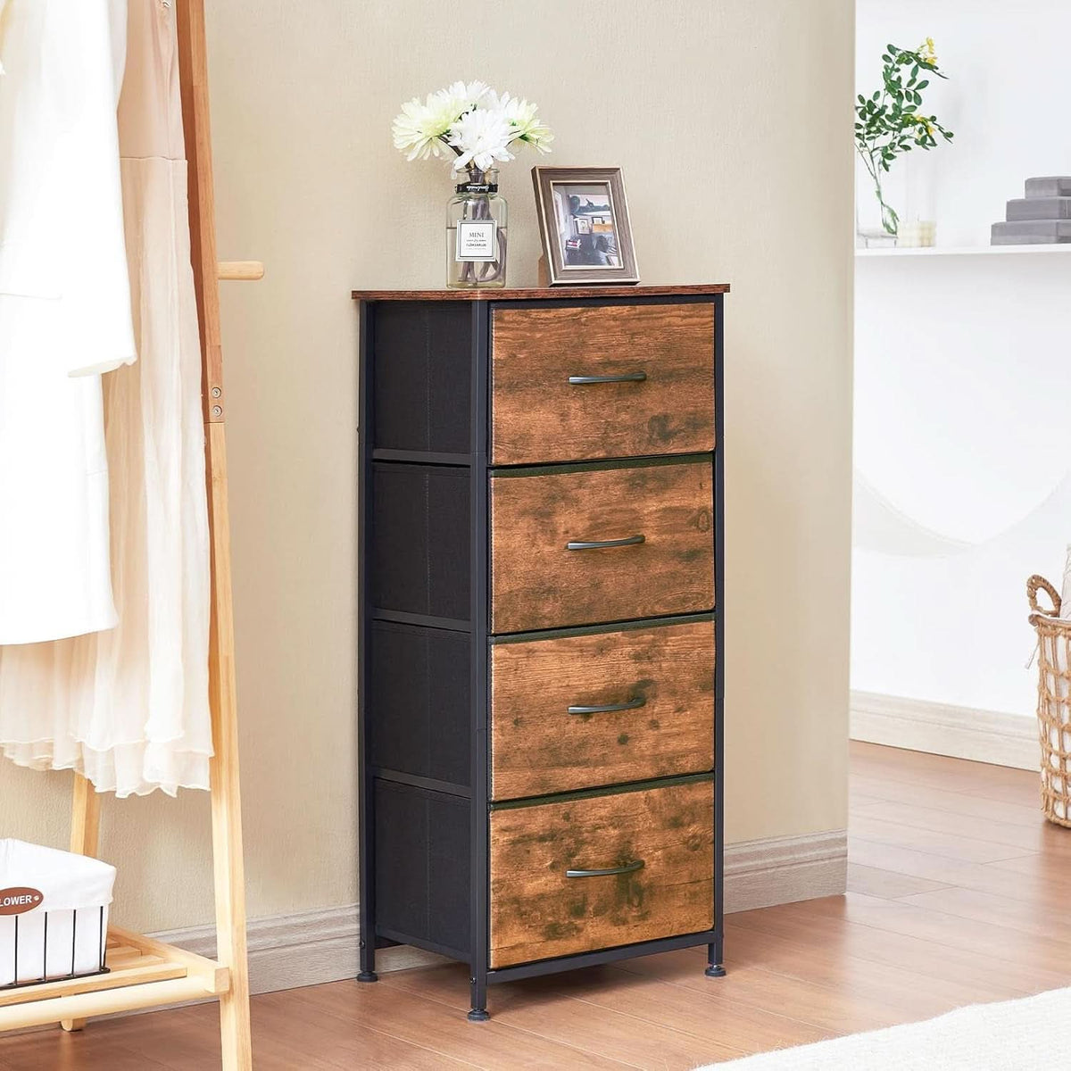 Tall Dresser With Four Drawers And Removable Bins Woodgrain