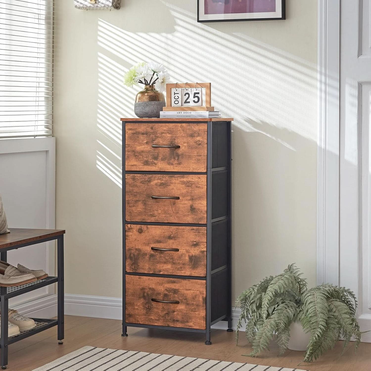 Tall Dresser With Four Drawers And Removable Bins Woodgrain