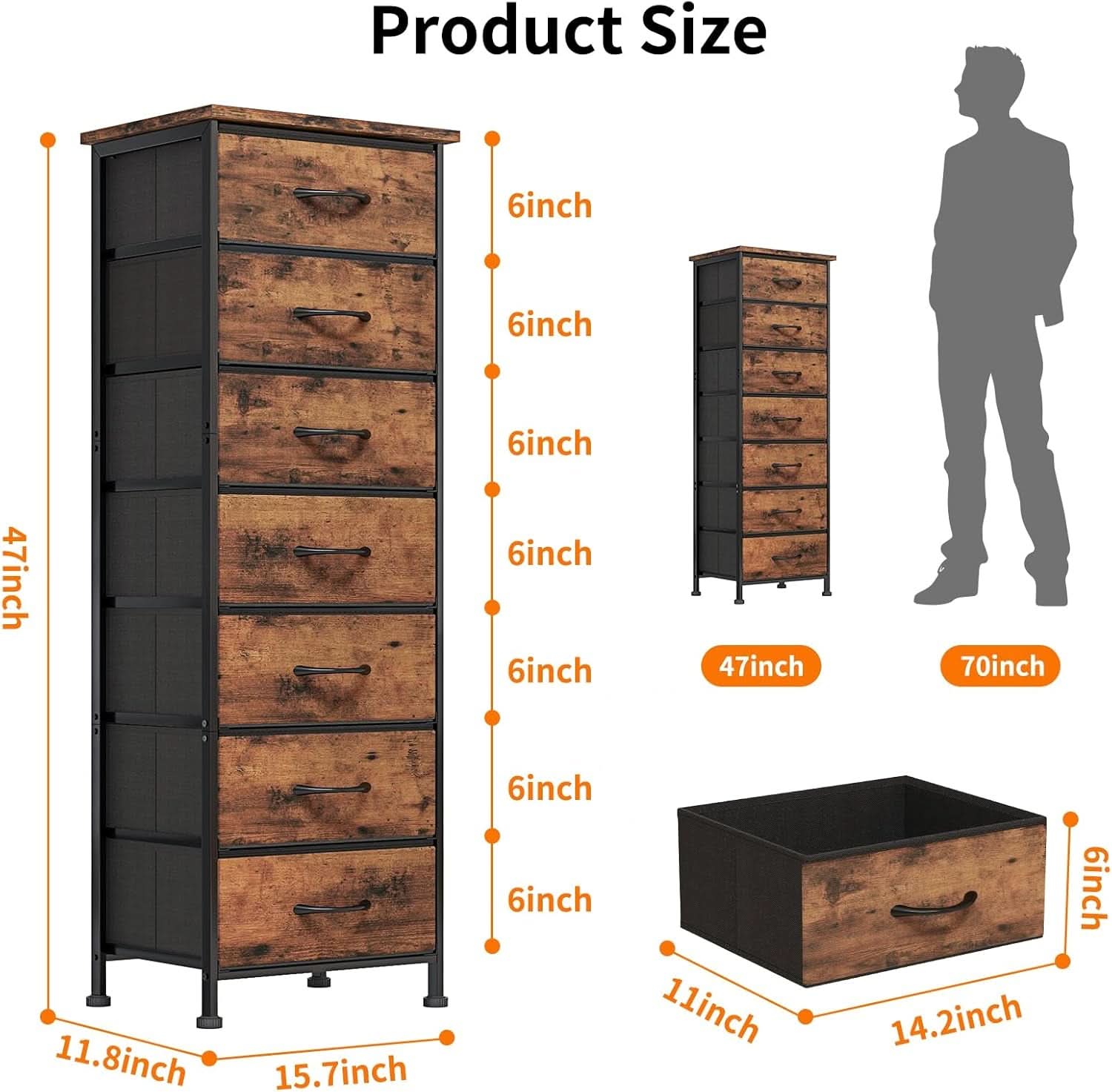 Tall Dresser With Seven Fabric Drawers In Woodgrain Finish