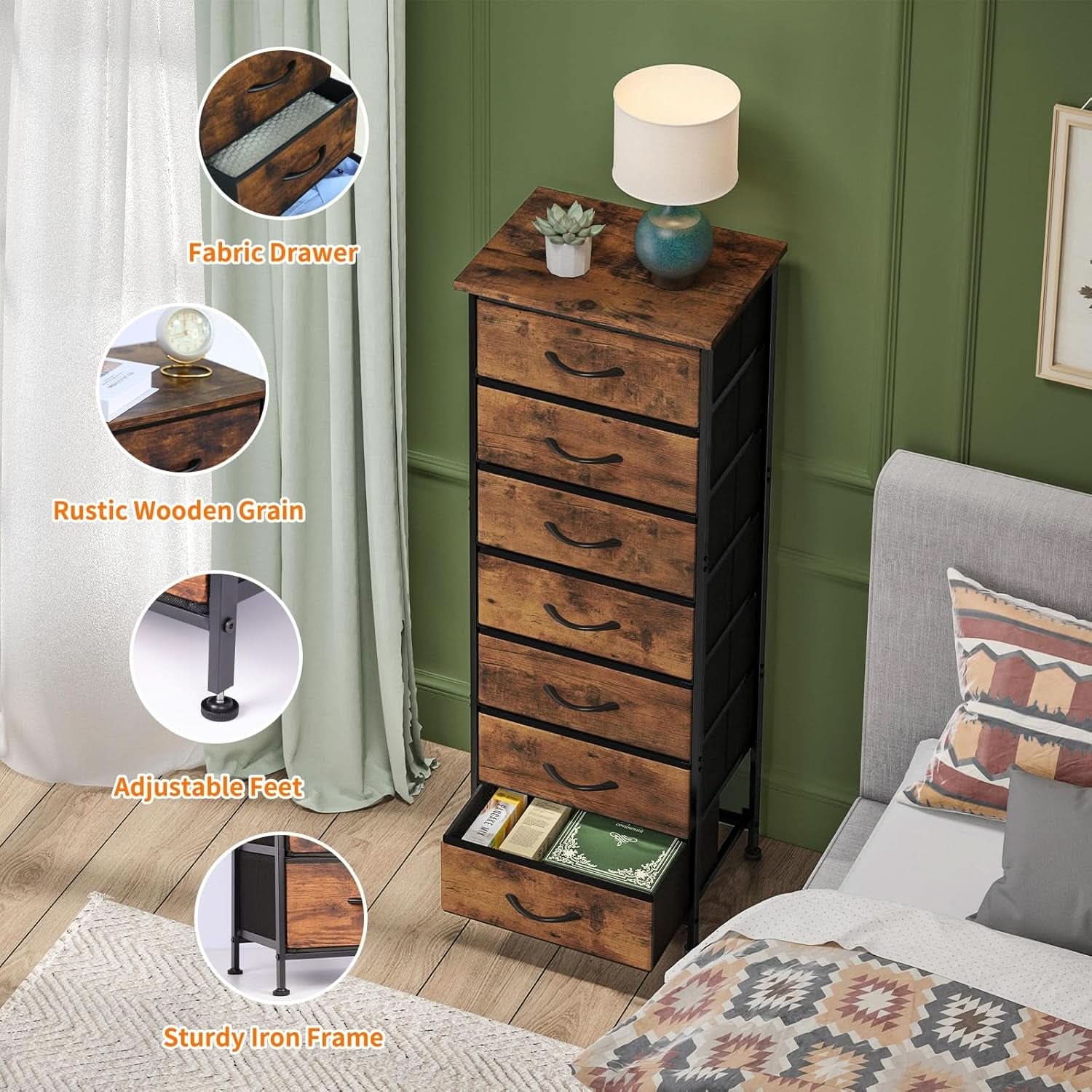 Tall Dresser With Seven Fabric Drawers In Woodgrain Finish