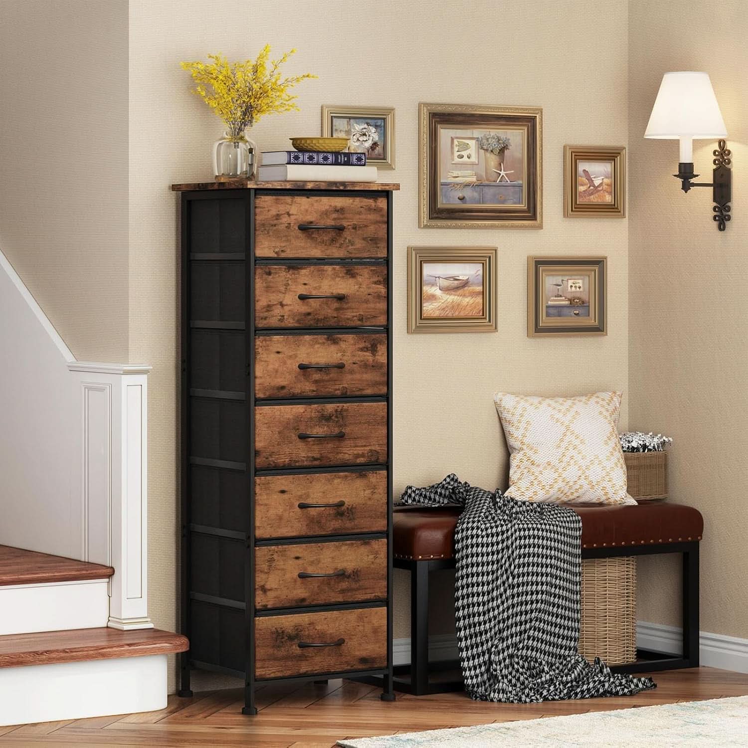 Tall Dresser With Seven Fabric Drawers In Woodgrain Finish