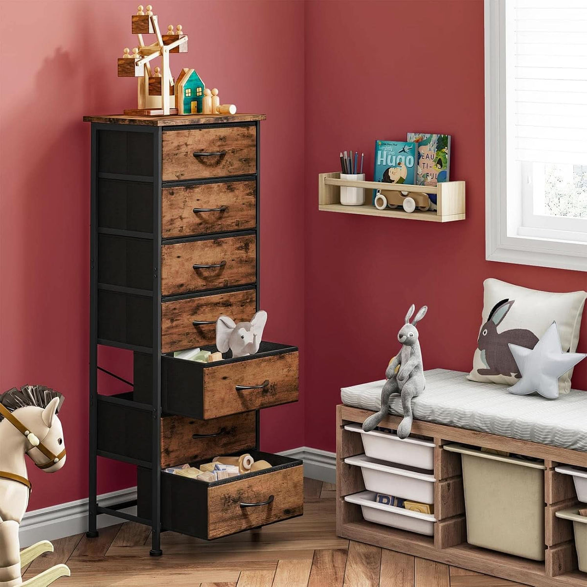 Tall Dresser With Seven Fabric Drawers In Woodgrain Finish