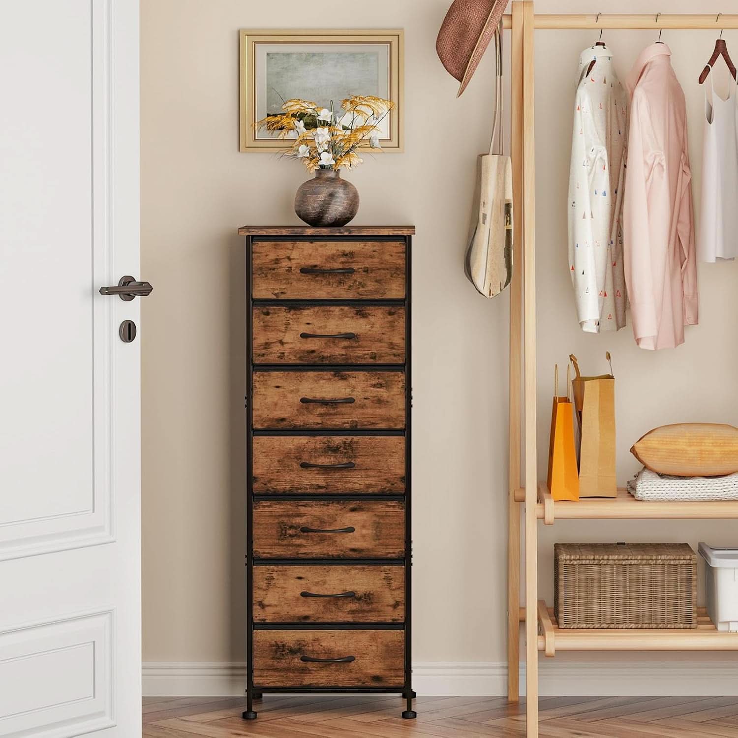 Tall Dresser With Seven Fabric Drawers In Woodgrain Finish