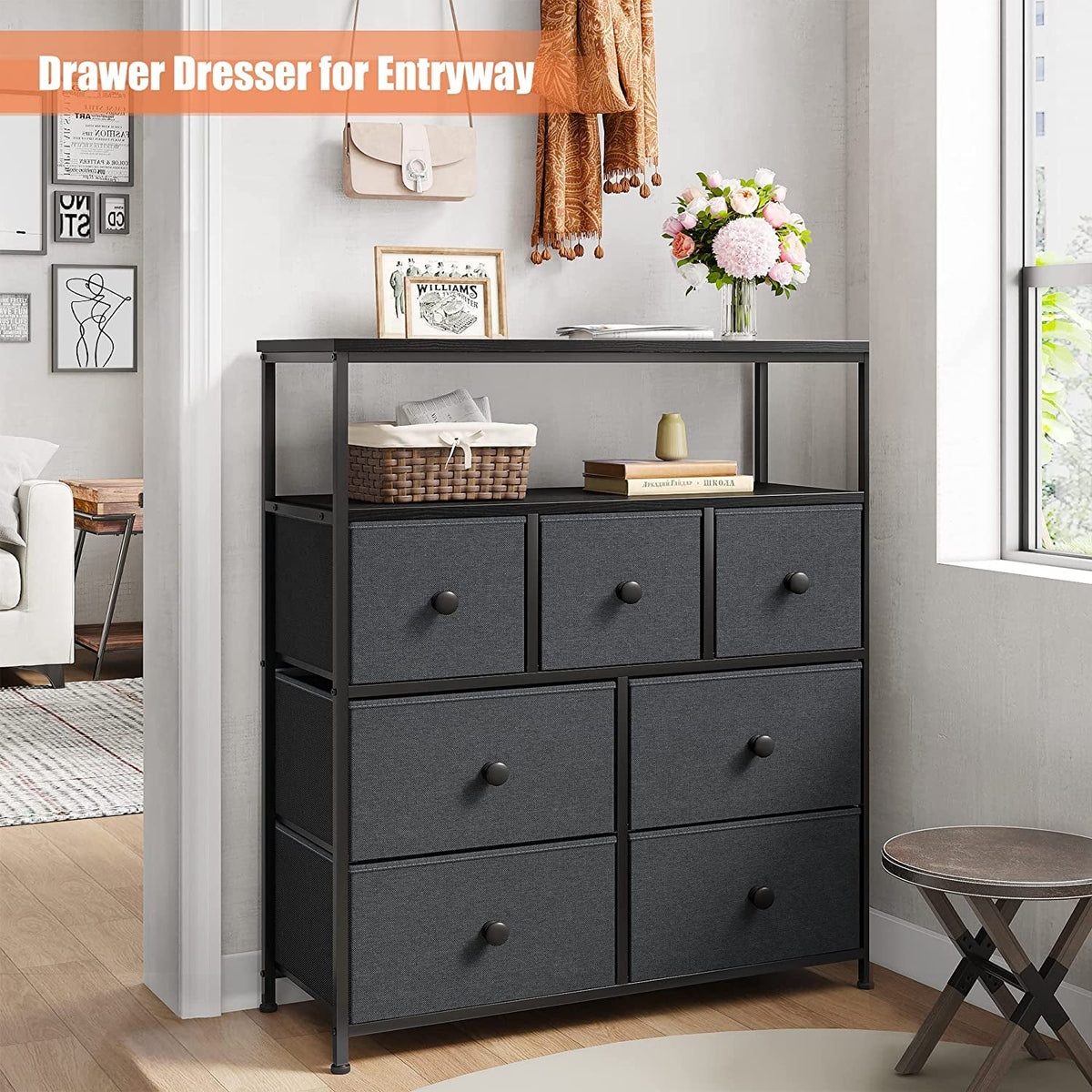 Tall Dresser With Shelves In Black Grey For Bedroom