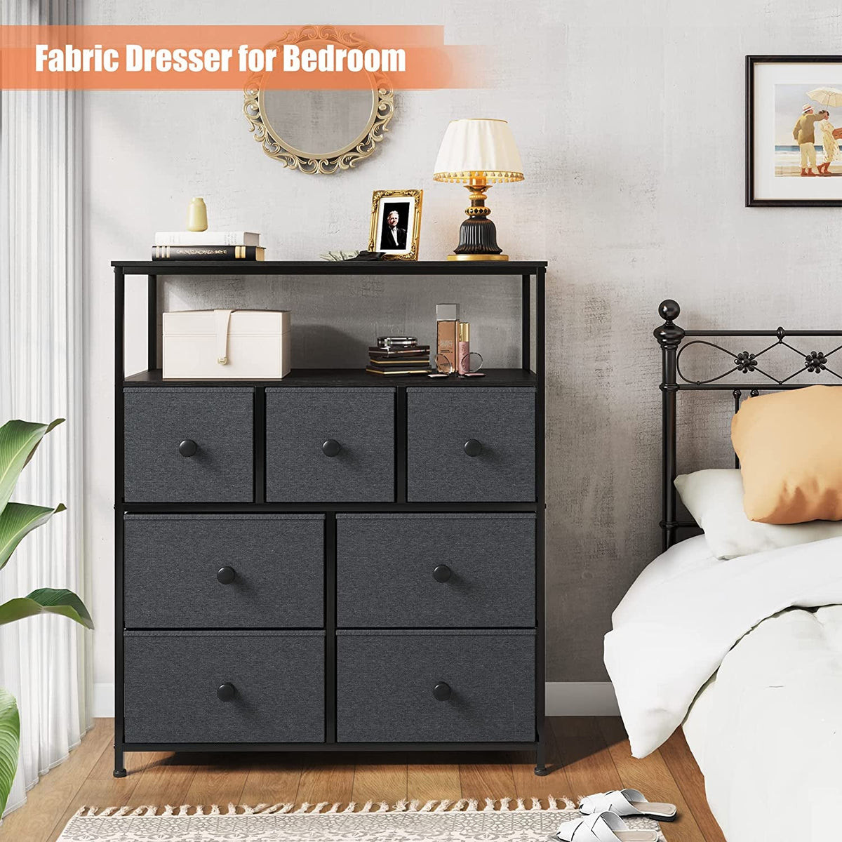 Tall Dresser With Shelves In Black Grey For Bedroom