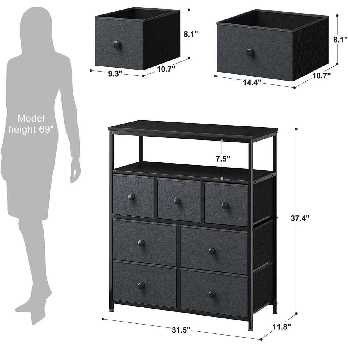 Tall Dresser With Shelves In Black Grey For Bedroom