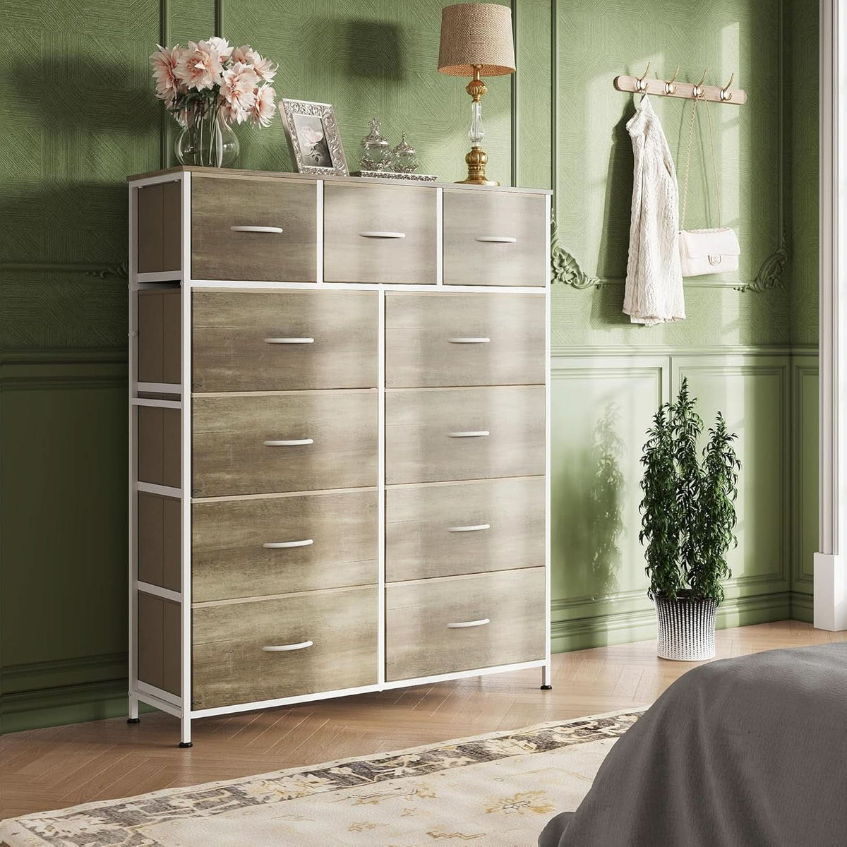 Tall Fabric Dresser Storage Tower 11 Drawer Greige Bedroom