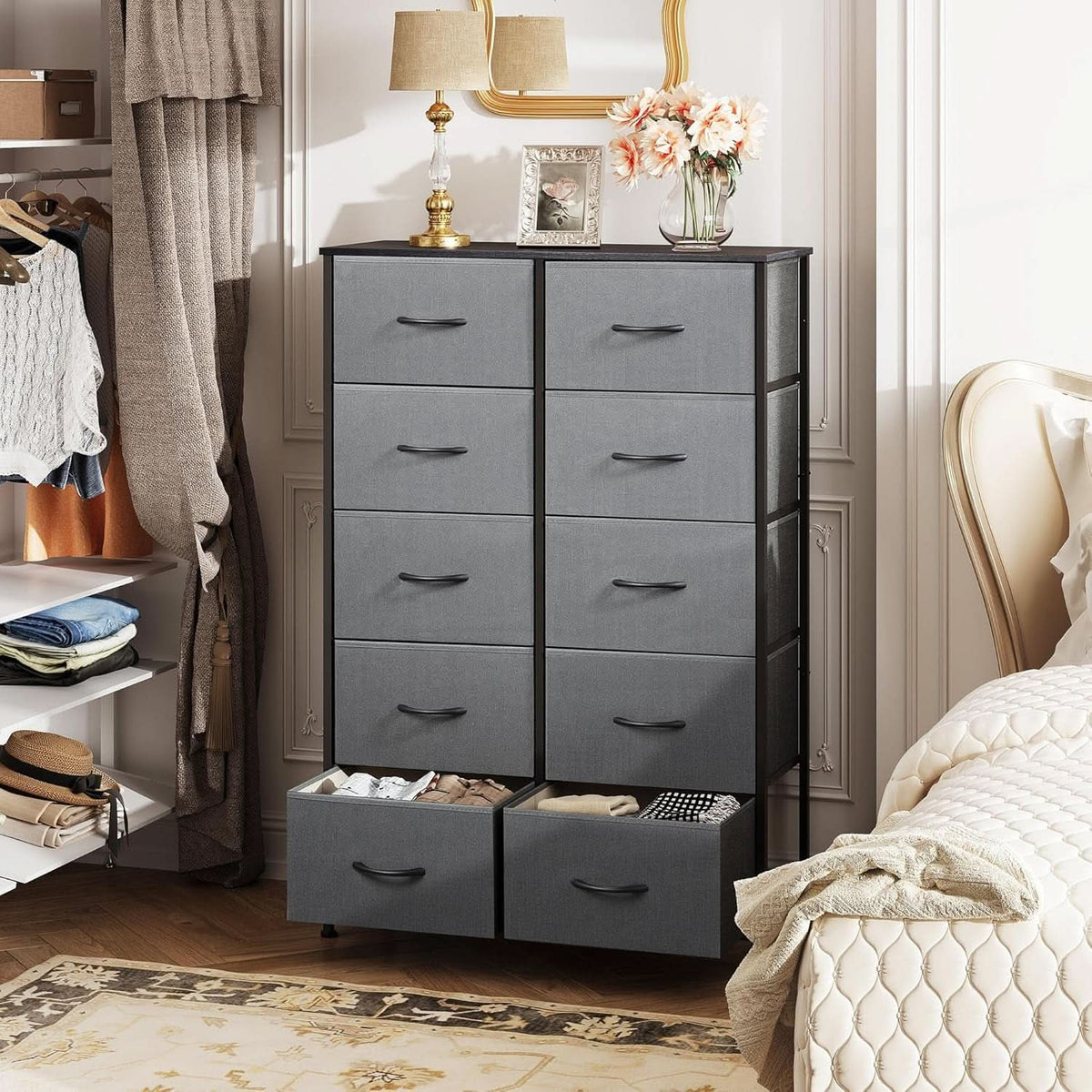 Tall Fabric Dresser With 10 Drawers Dark Grey Metal Frame