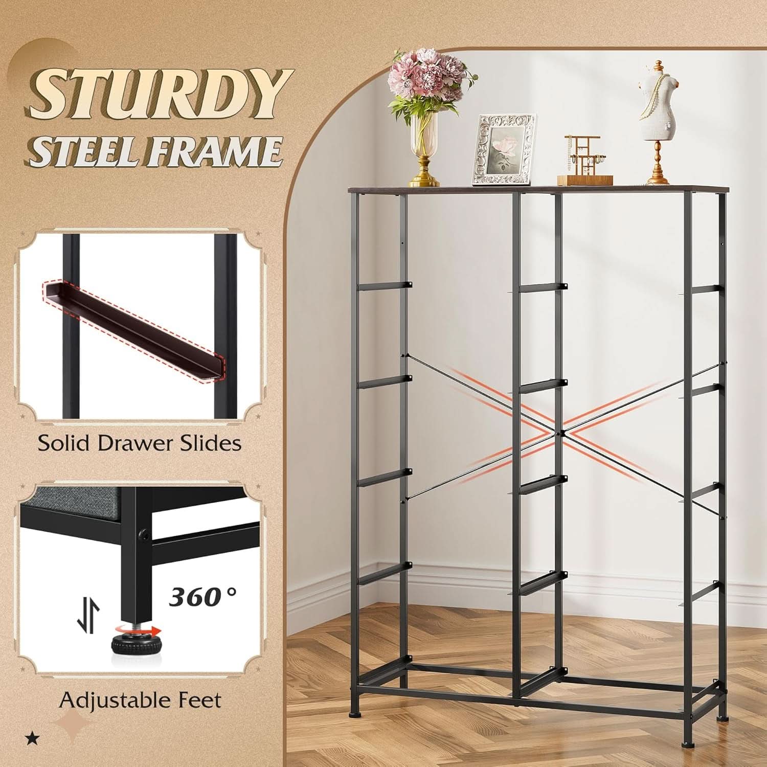 Tall Fabric Dresser With 10 Drawers Dark Grey Metal Frame