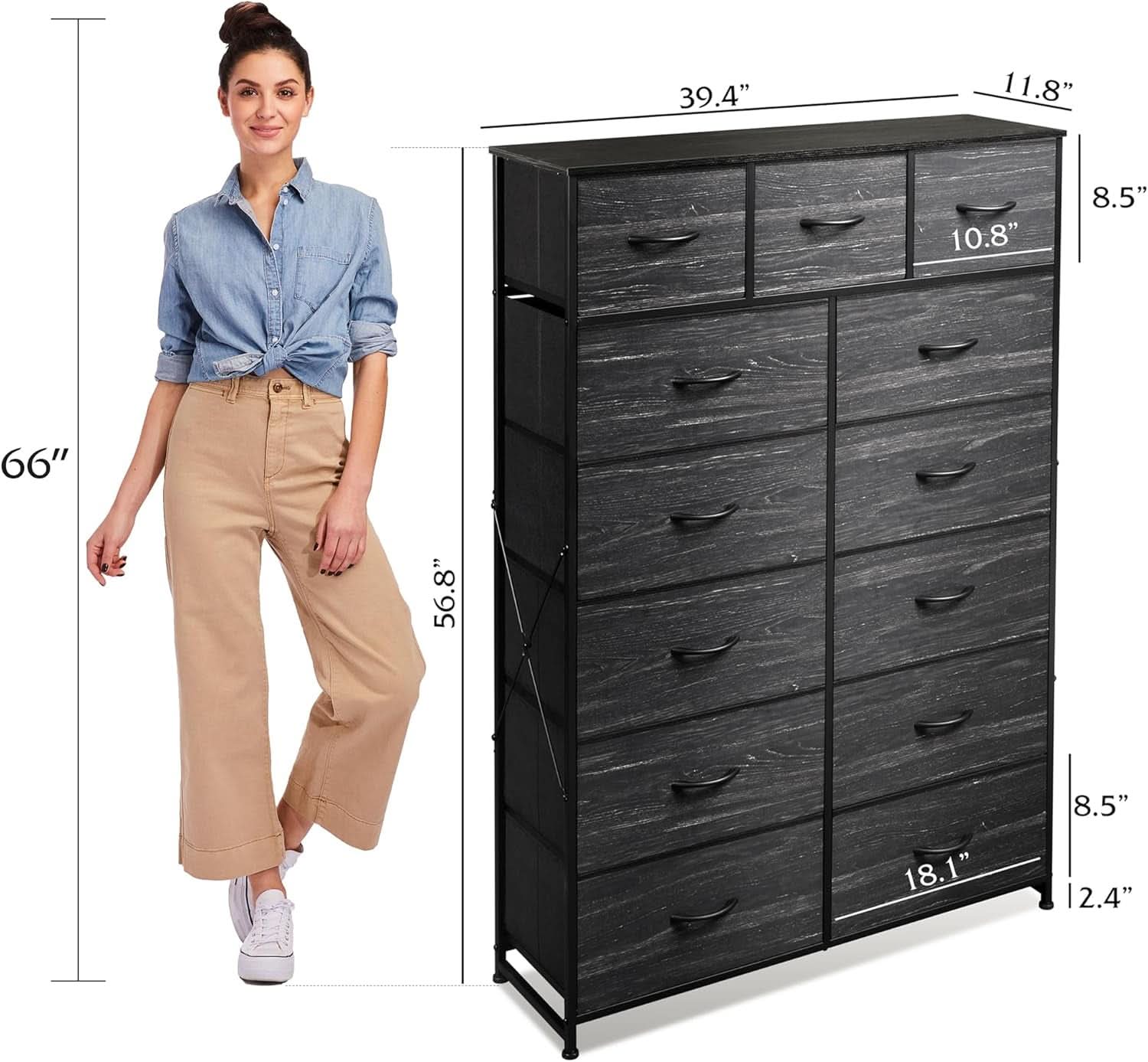 Tall Fabric Dresser With 13 Drawers Charcoal Black Wood Top