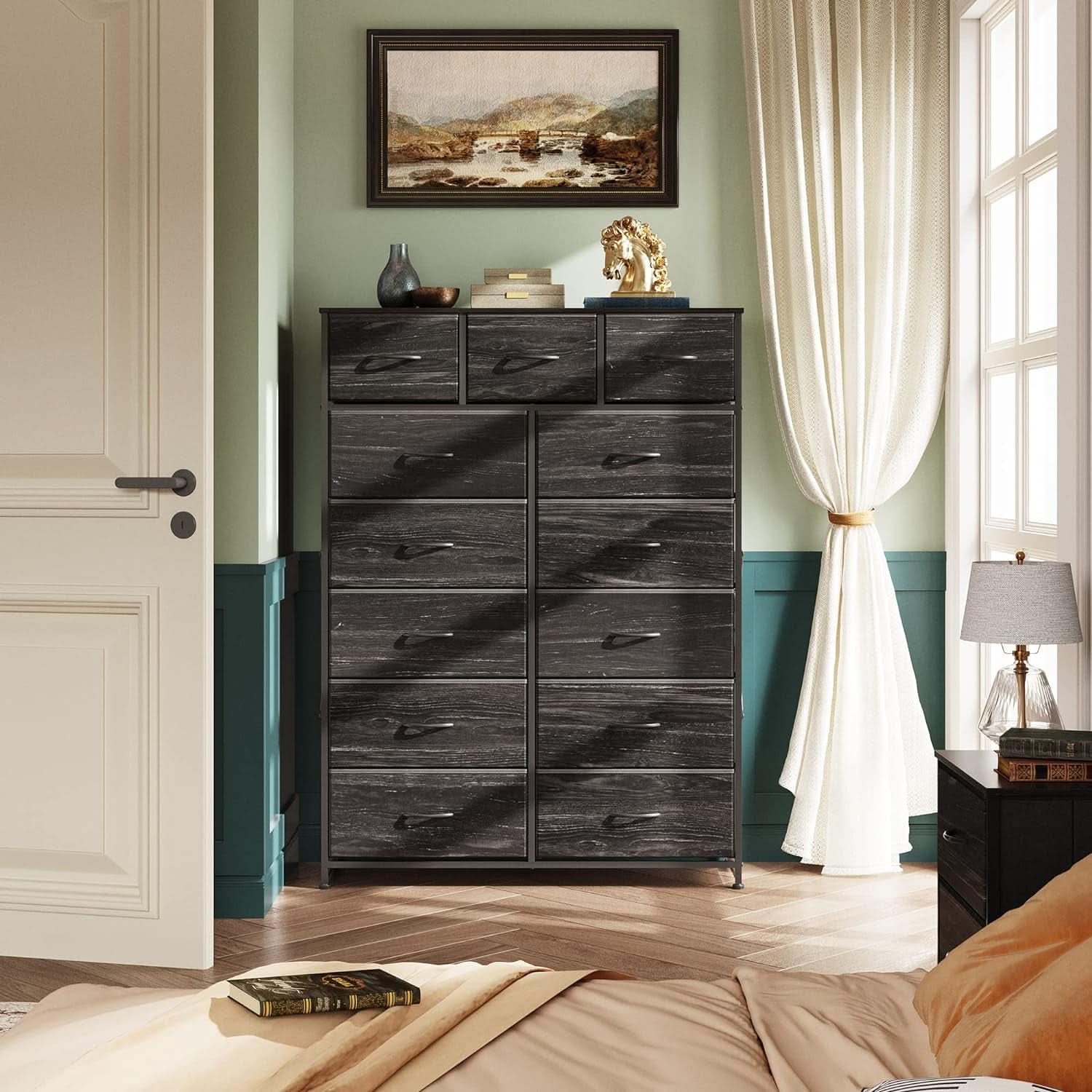 Tall Fabric Dresser With 13 Drawers Charcoal Black Wood Top