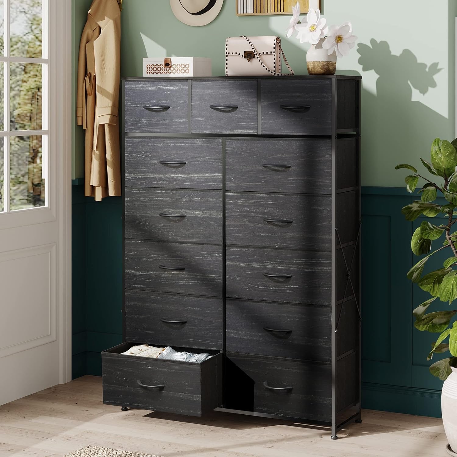Tall Fabric Dresser With 13 Drawers Charcoal Black Wood Top