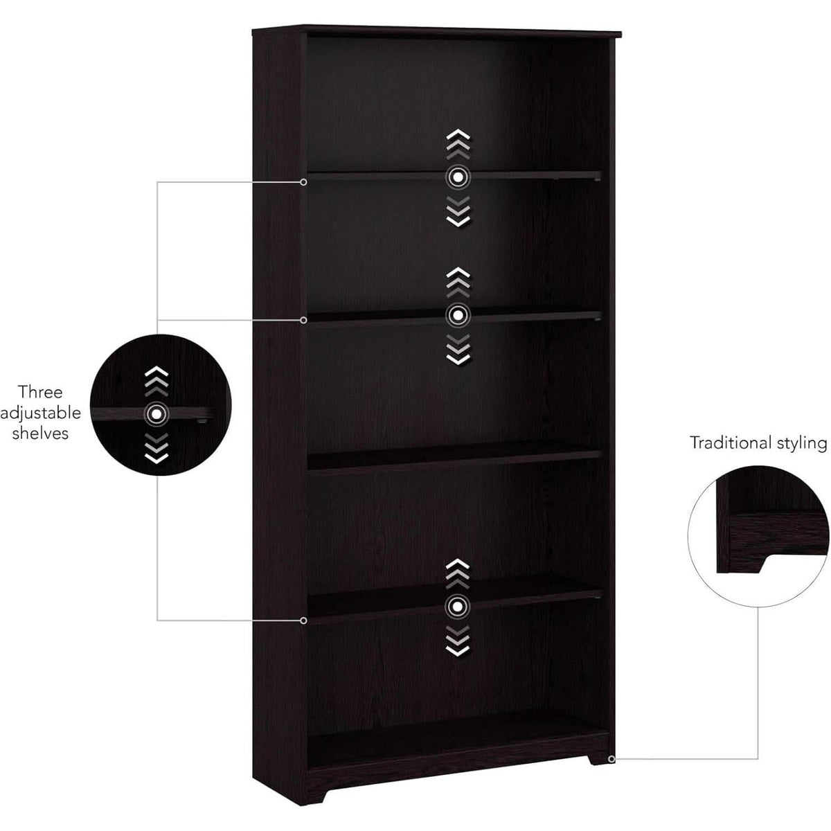 Tall Five Shelf Bookcase Espresso Oak For Living Room