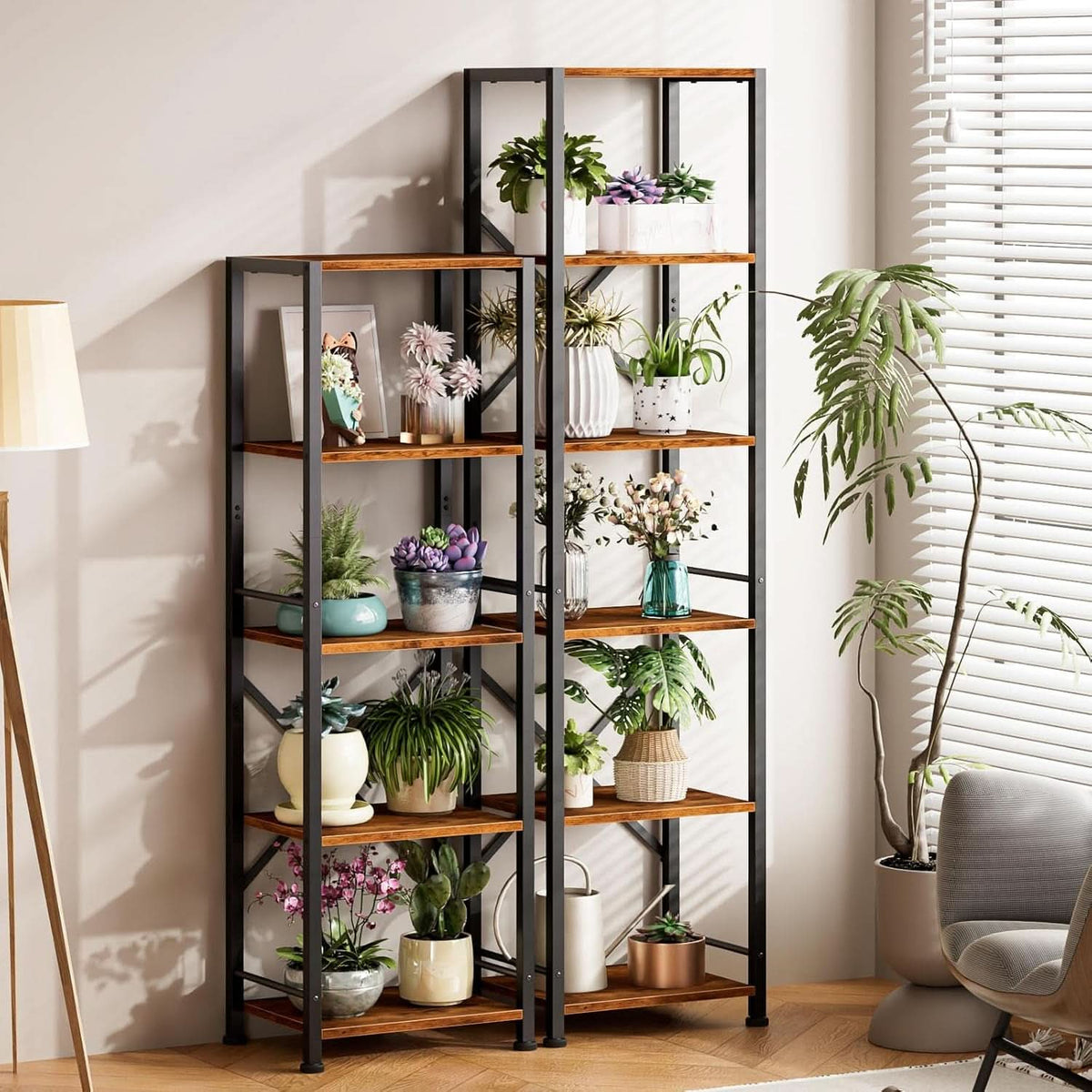 Tall Industrial Bookcase 6 Tier Rustic Brown Storage