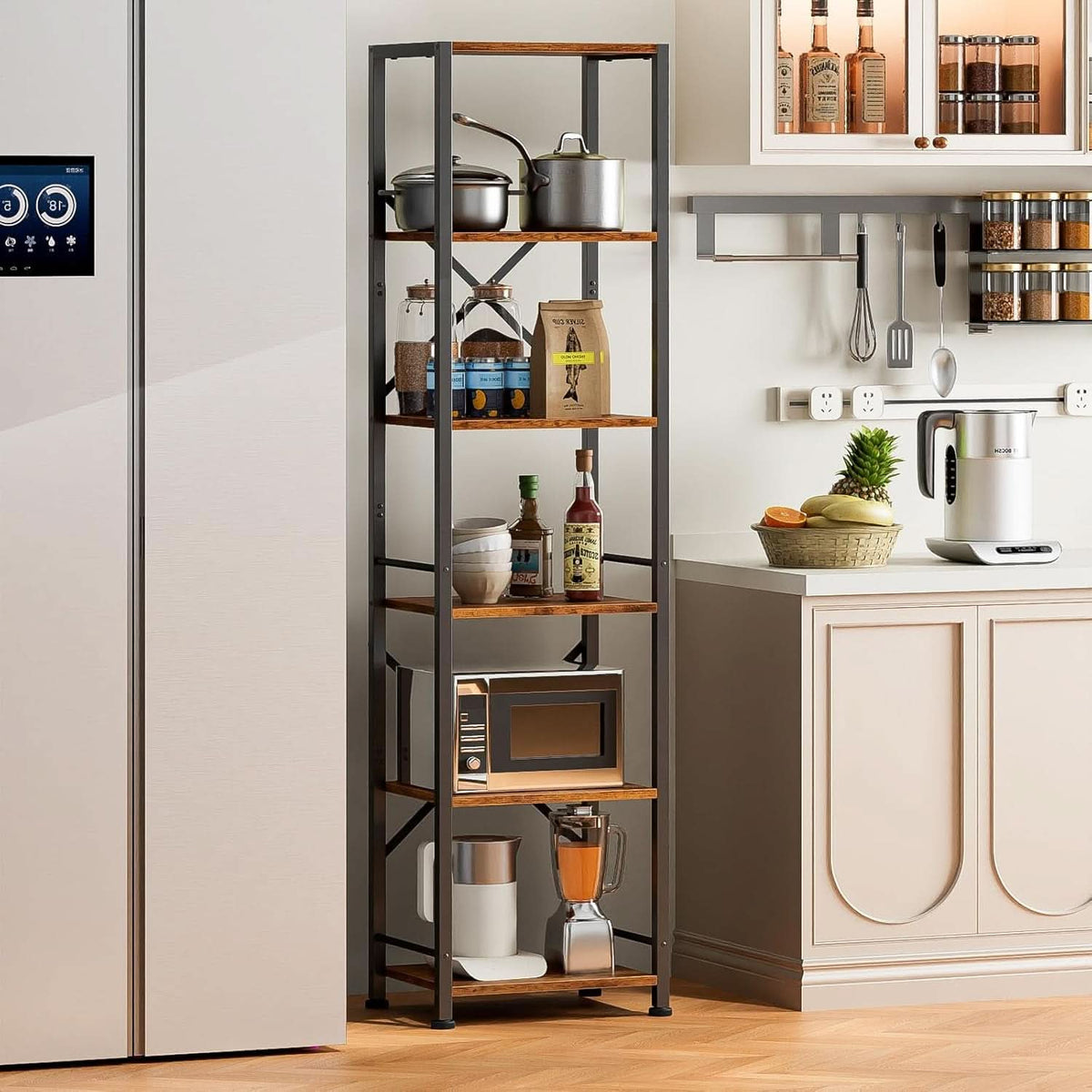 Tall Industrial Bookcase 6 Tier Rustic Brown Storage