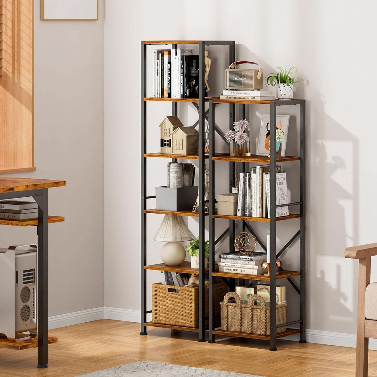 Tall Industrial Bookcase 6 Tier Rustic Brown Storage