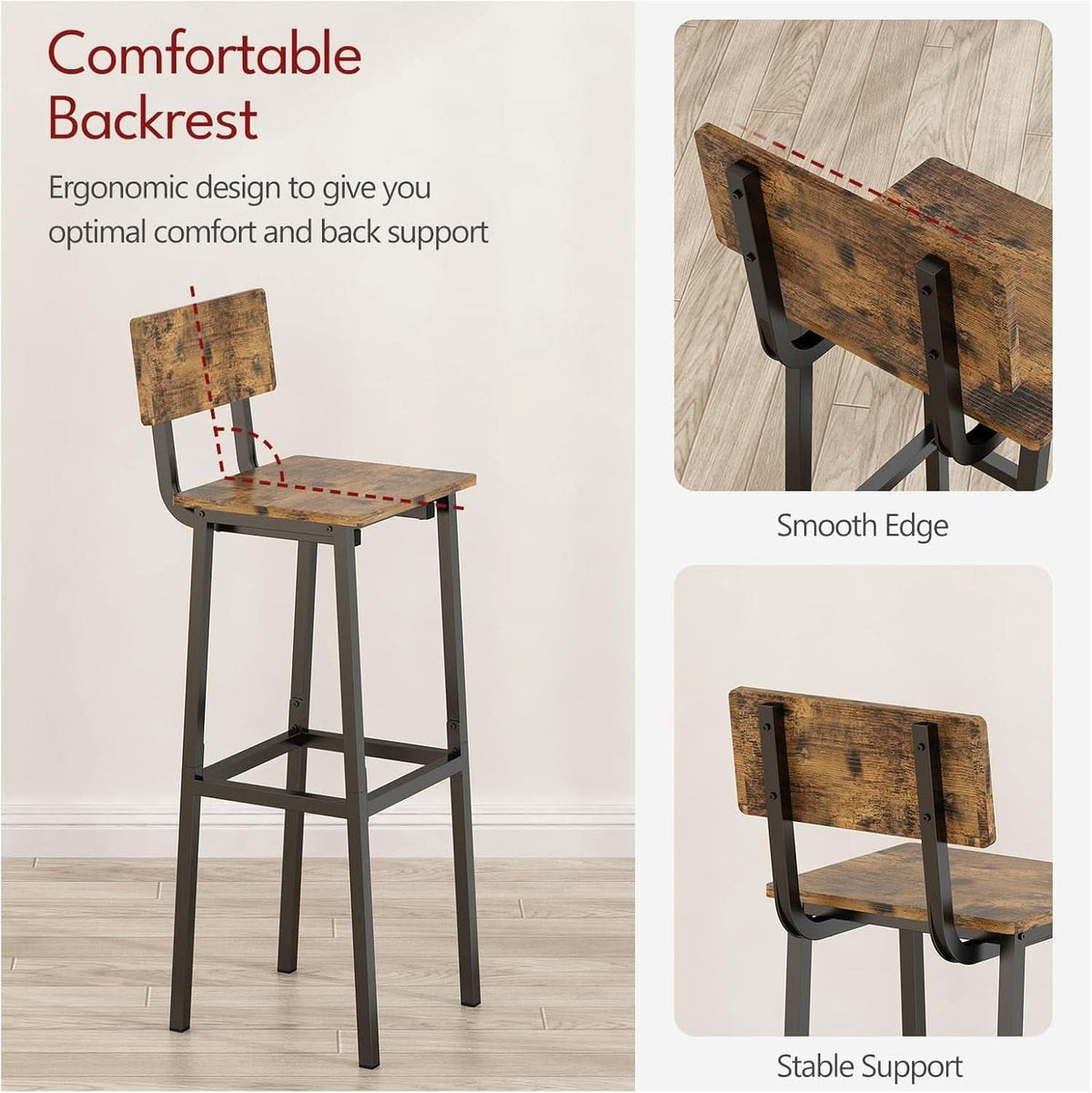 Tall Industrial Rustic Bar Stools Set Of 2 With Backrest