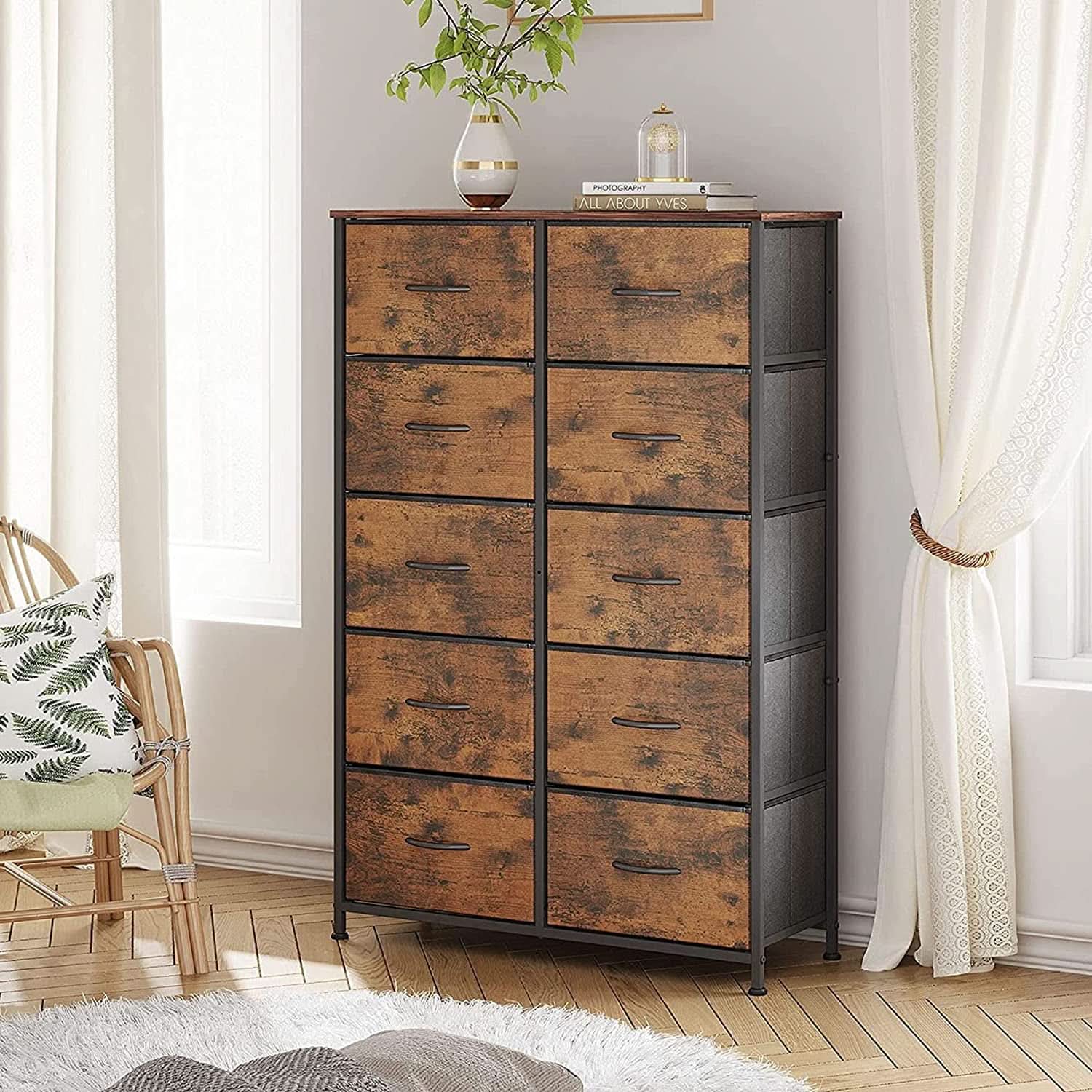 Tall Rustic Brown Dresser With 10 Deep Drawers For Bedroom