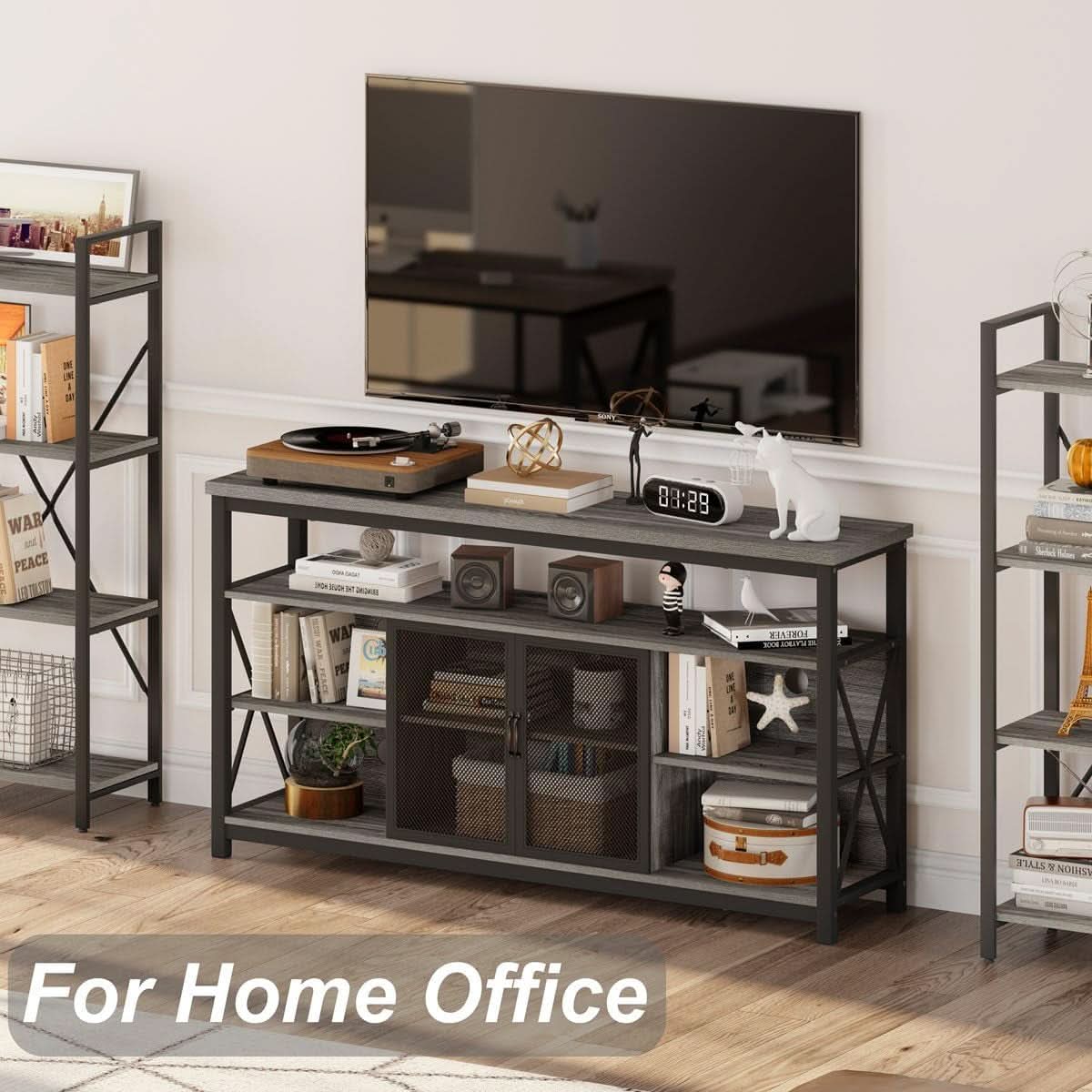 Tall TV Stand for 65 Inch TV With Storage Cabinet Grey Oak