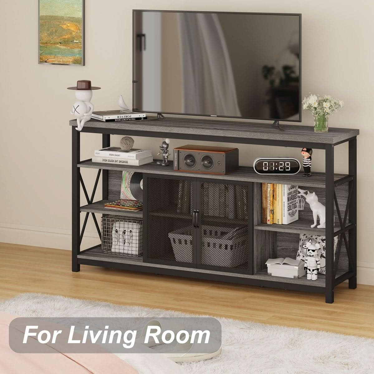 Tall TV Stand for 65 Inch TV With Storage Cabinet Grey Oak