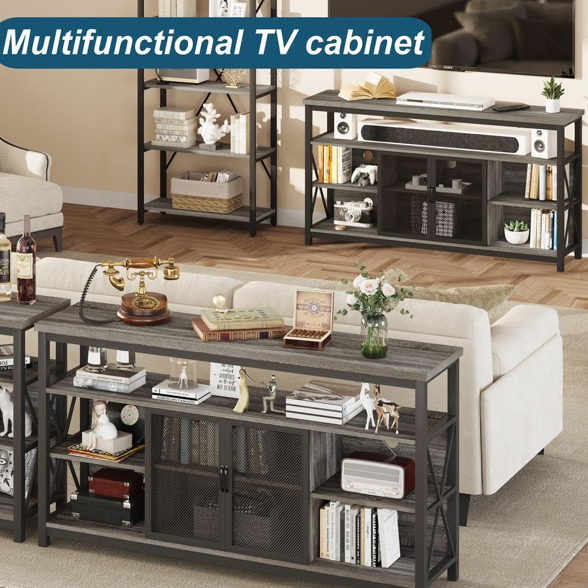 Tall TV Stand for 65 Inch TV With Storage Cabinet Grey Oak