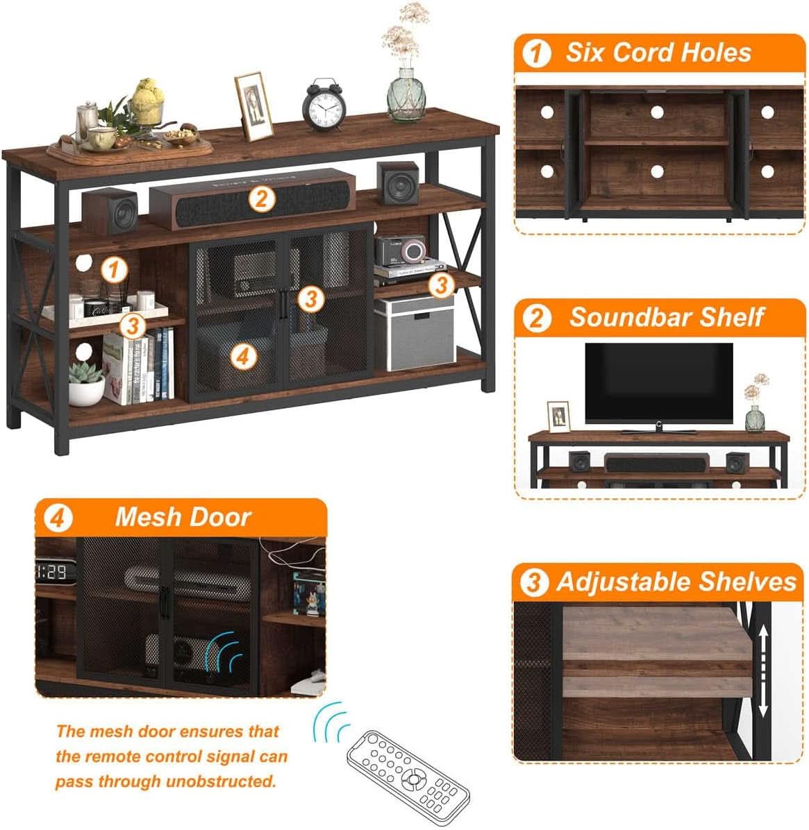 Tall TV Stand for 65 Inch TVs in Rustic Oak Industrial Wood
