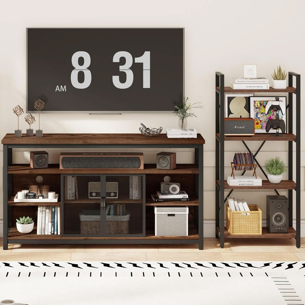 Tall TV Stand for 65 Inch TVs in Rustic Oak Industrial Wood