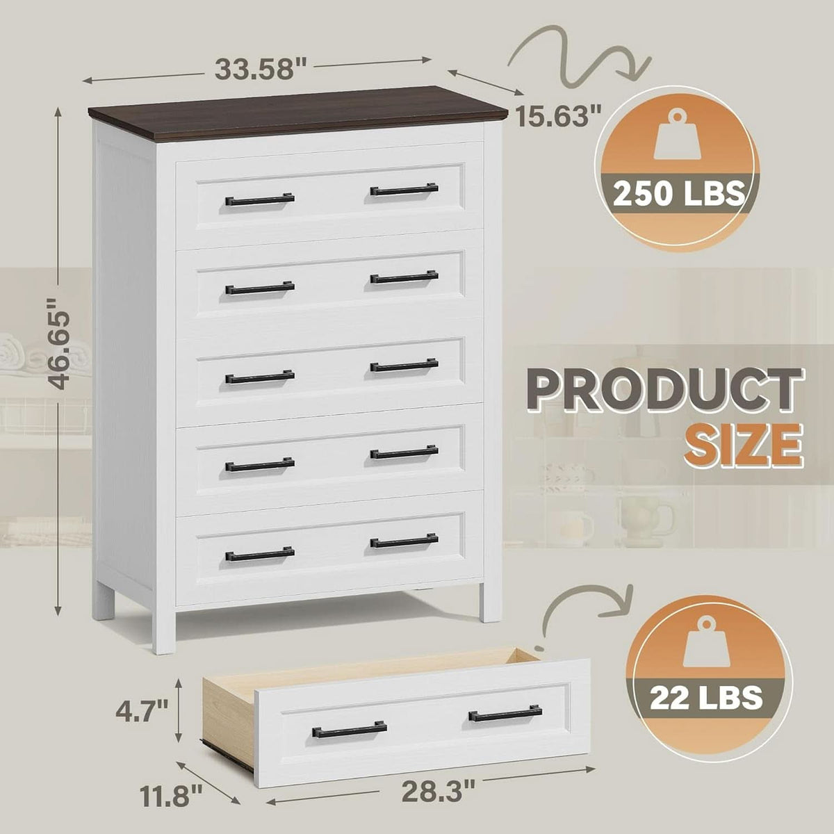 Tall White ChestOfDrawers With Five Drawers WalnutBrown