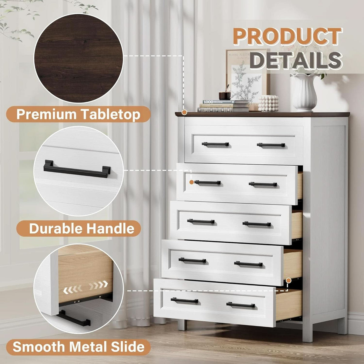 Tall White ChestOfDrawers With Five Drawers WalnutBrown