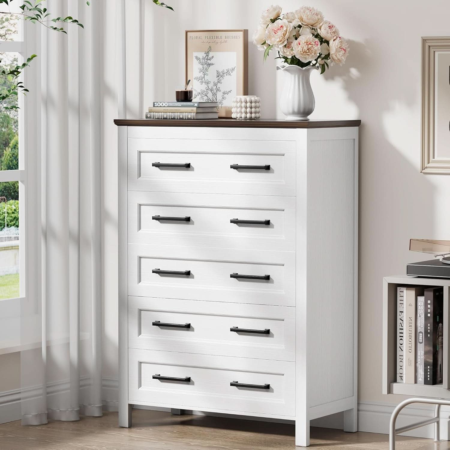 Tall White ChestOfDrawers With Five Drawers WalnutBrown