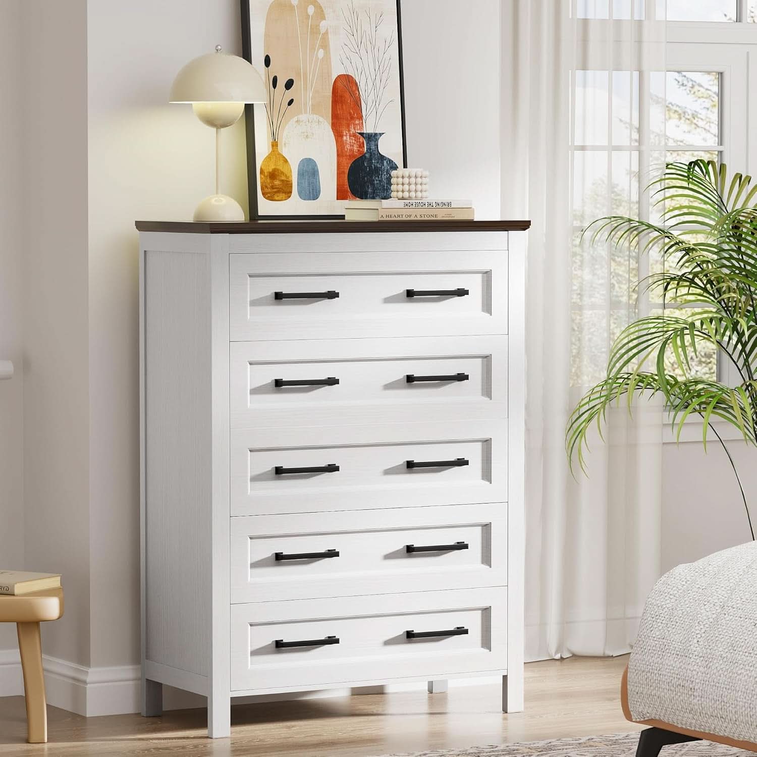 Tall White ChestOfDrawers With Five Drawers WalnutBrown