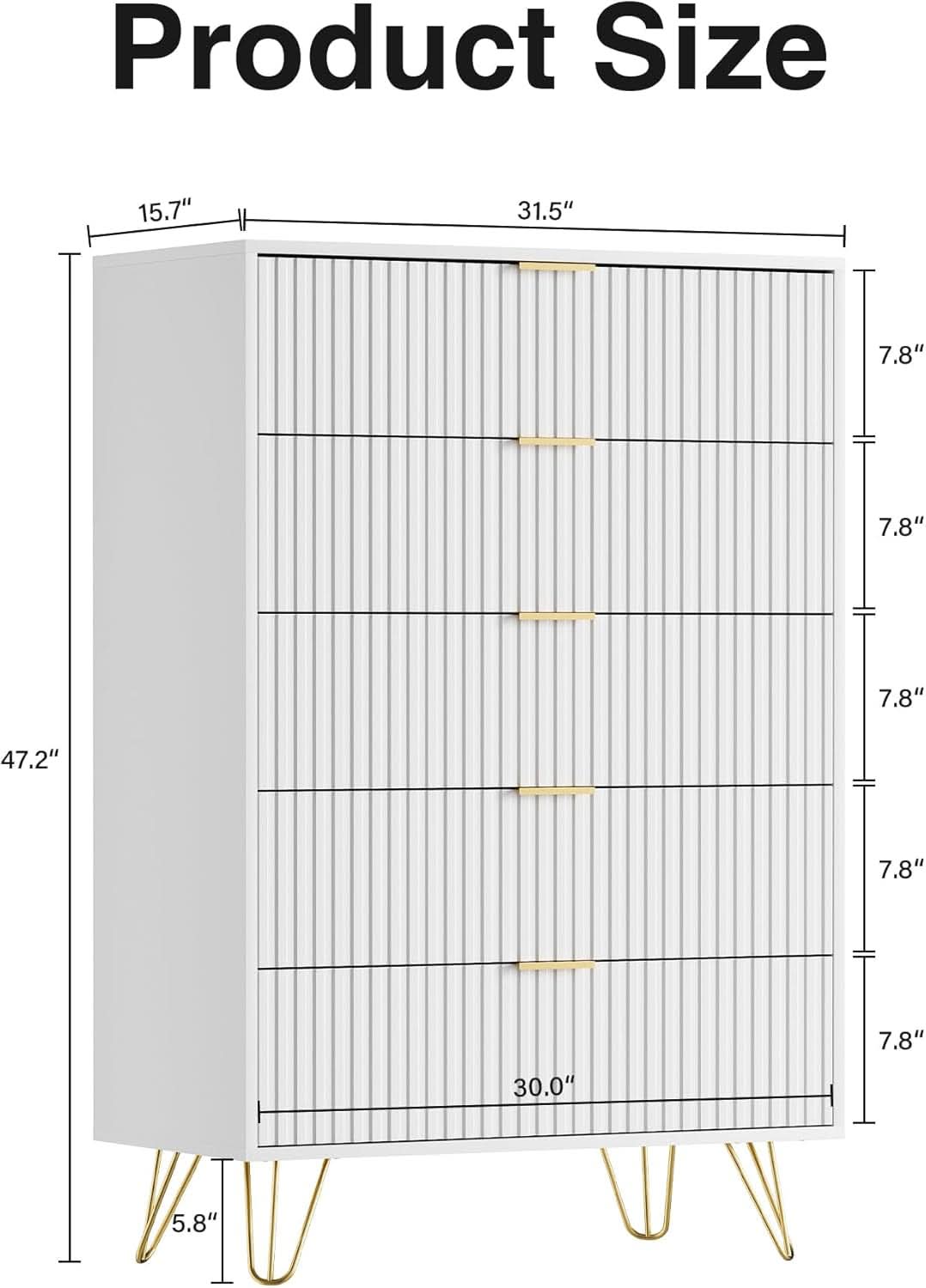 Tall White Contemporary Fluted Dresser With Gold Pulls