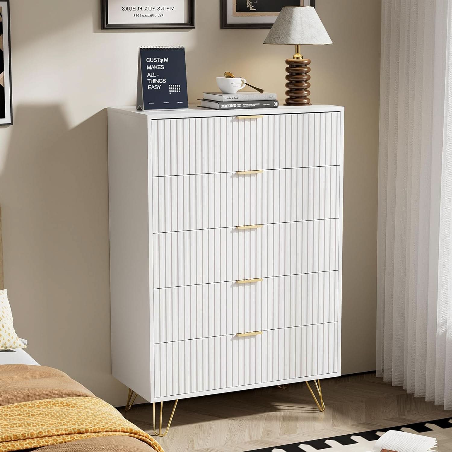Tall White Contemporary Fluted Dresser With Gold Pulls