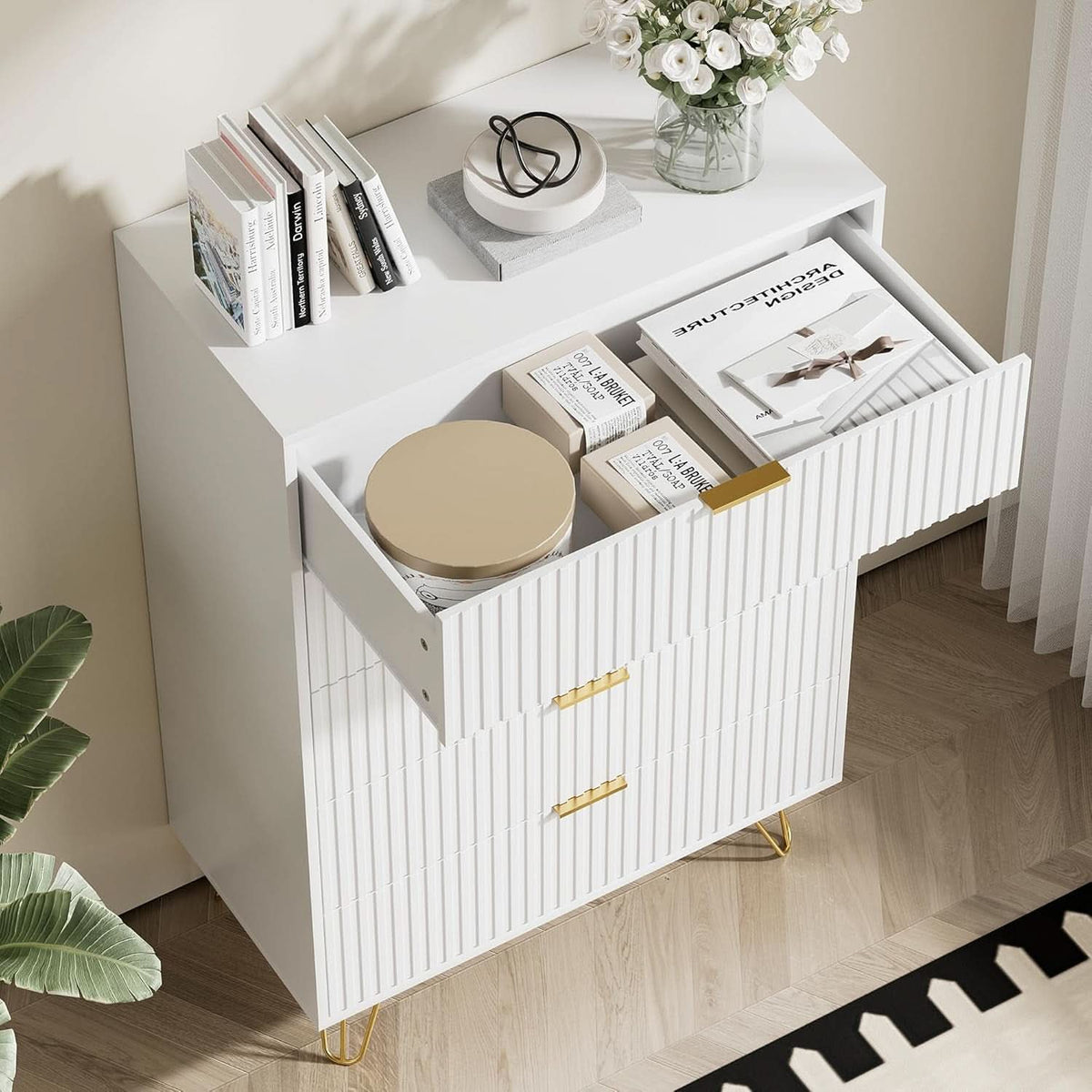 Tall White Contemporary Fluted Dresser With Gold Pulls