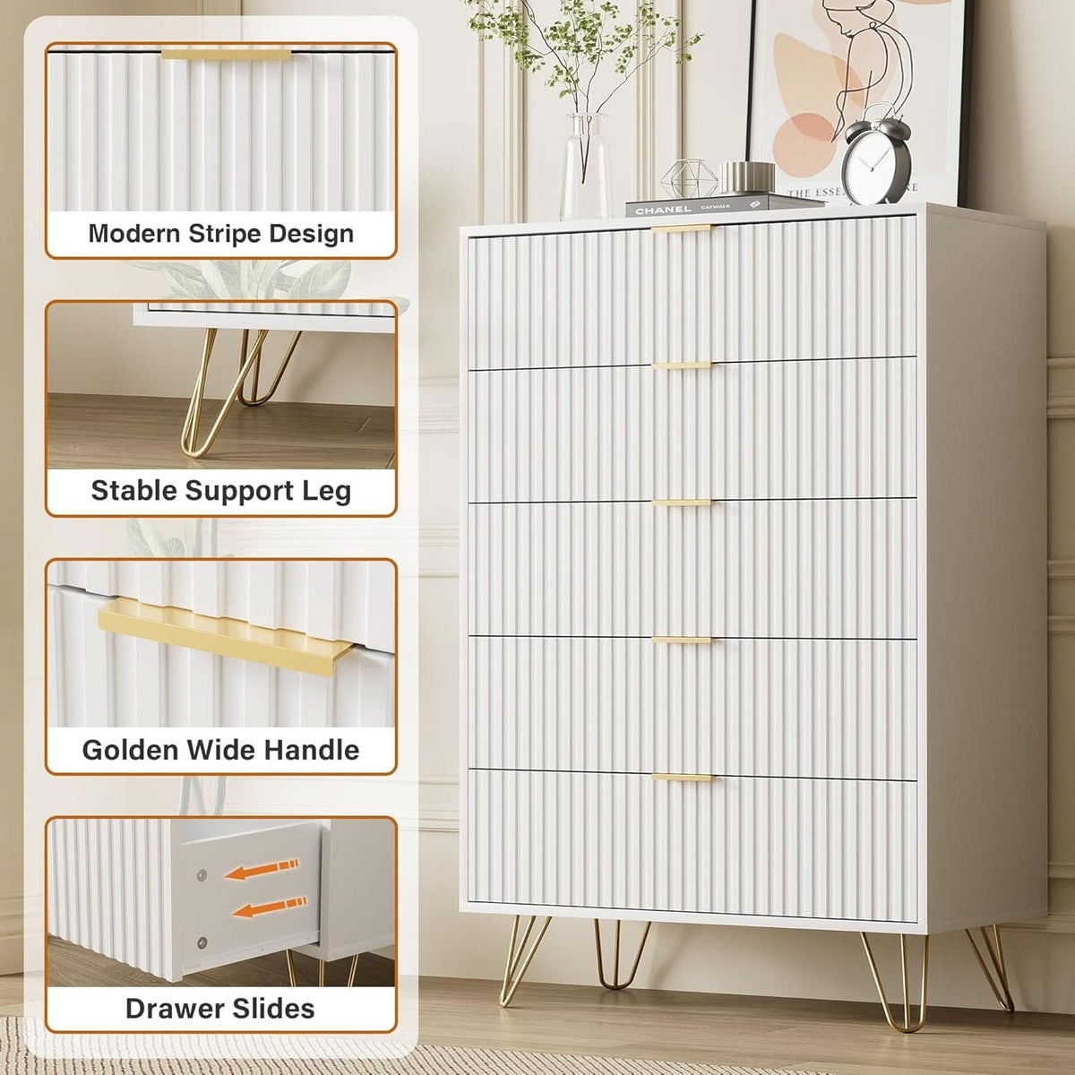 Tall White Contemporary Fluted Dresser With Gold Pulls
